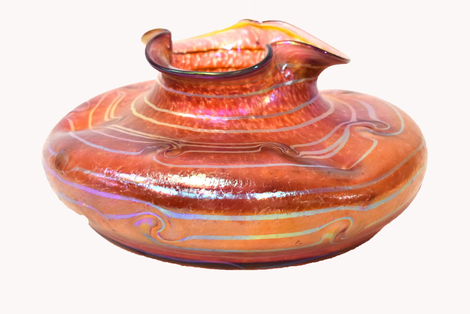 Monumental Loetz Art Glass Vase: Swirled iridescent decorations. Ruffled top. Is displayed on a footed ornate dressing table tray. Has been identified by some customers as Fritz Heckert Silberband/Changeant 7"H. x 14"D.