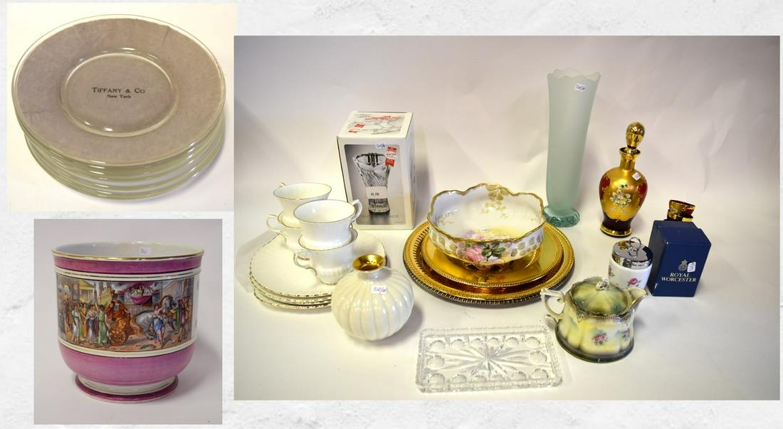 Lot of Miscellaneous Estate Items Items INCLUDING: LOT INCLUDES Lot of Miscellaneous Estate Items Items- Including porcelains- Lenox, Limoge, Crown Staffordshire; Bohemian Ruby and gilt glass cordial set; glass vase signed, etc. Italian Porcelain Plan