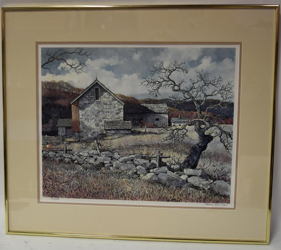 Eric Sloane; Limited Edition Print Signed: Color print. Barn in a Landscape. Pencil signed Eric Sloane and numbered 142/450; 18in. x 22in.(image size),26in. X 30in.(overall)
