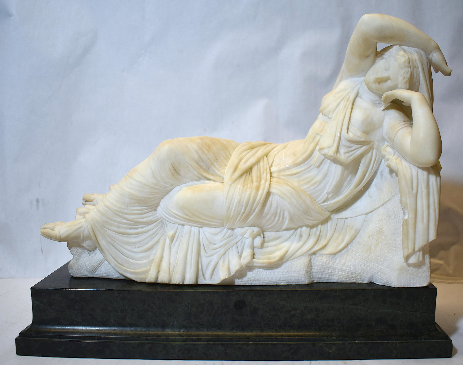Marble Figure Reclining Woman on Marble Base: Classical lady on separate marble base. 16"L x 13"H