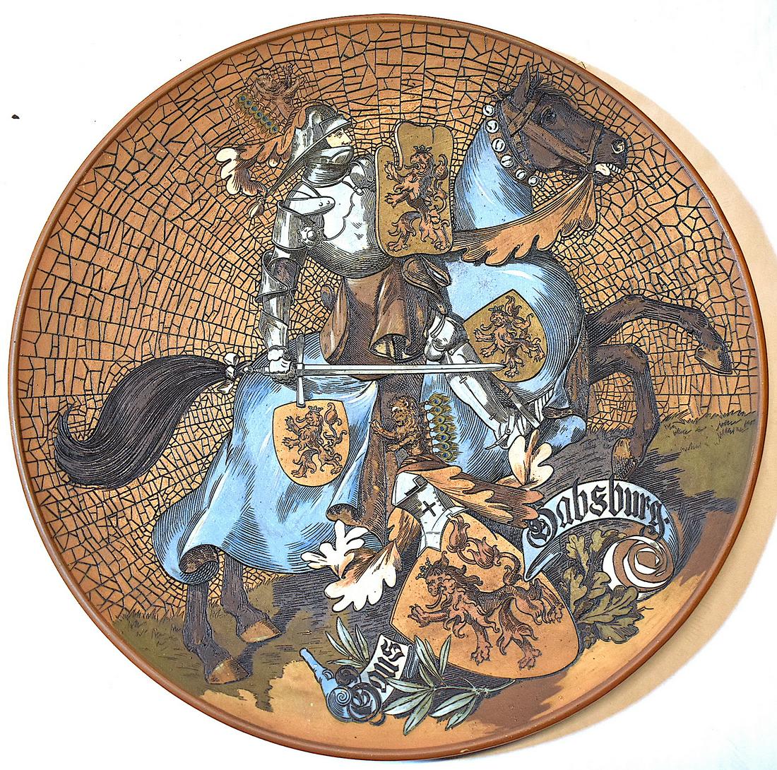 Rare Mettlach Charger #2188 Knights Castle Mark: Villeroy & Boch. C. 1880's Castle Mark. Knights to the Hapsburg and Hohensen. Renaissance Revival type decorations. 17" round