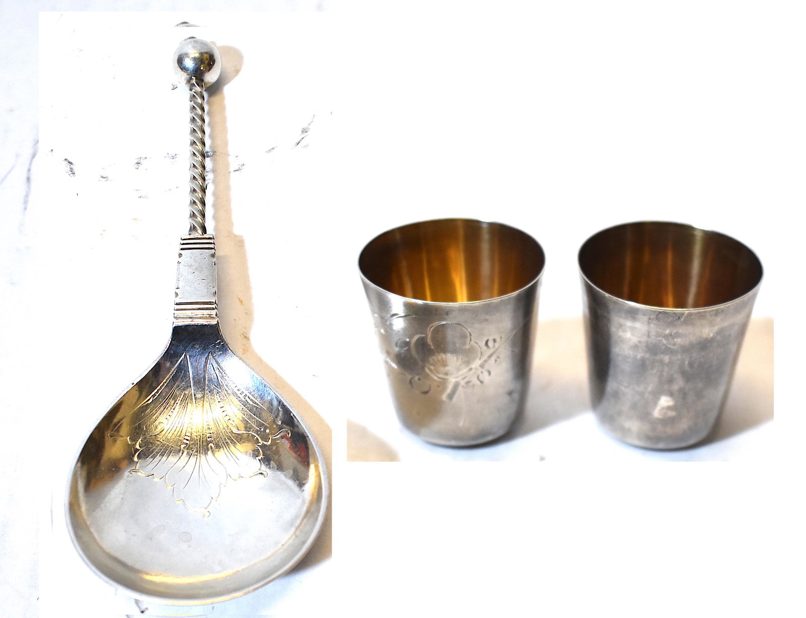Sterling Jiggers (2) and Sterling Silver Spoon marked: Jgger 2"H