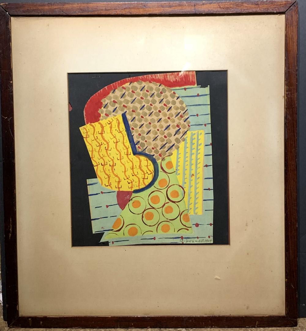 Blanche Lazzell; 20thC. American Modernist Gouache: Blanche (Nettie Blanche) Lazzell(1878 - 1956); gouache on paper mounted on colored paper. Abstract Composition. Signed l.r. and dated 1924; 11in. X 10in.(image size) Old original framing