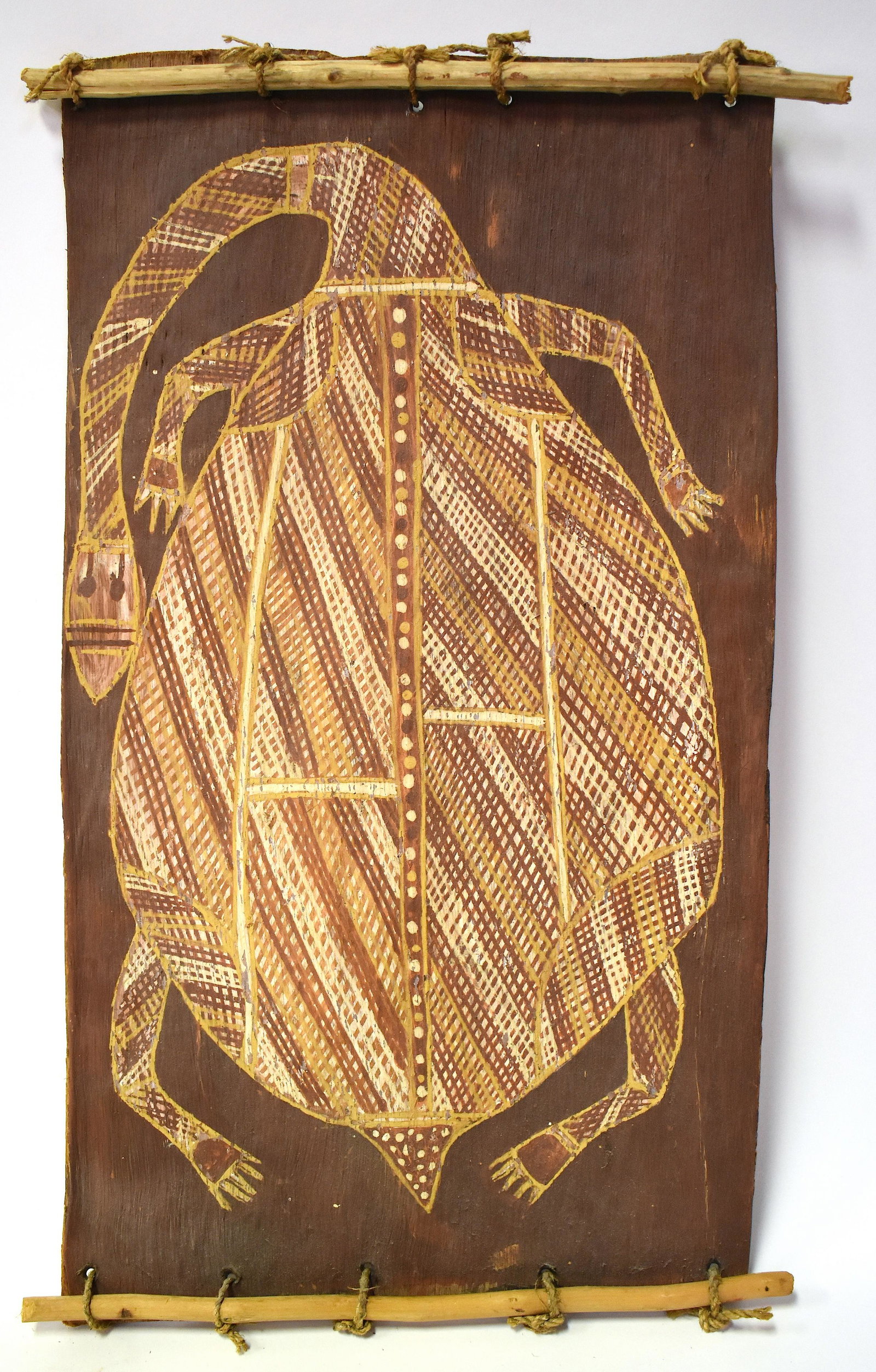Anchor Barrbuwa Aboriginal Art on Board: Lable on back from aboriginal Art From Oenpelli Arnhem Land Australia. Painting on Bark depicting Long Neck tortoise by Anchor Barrbuwa of the Liverpool River. 19"H x 11"W