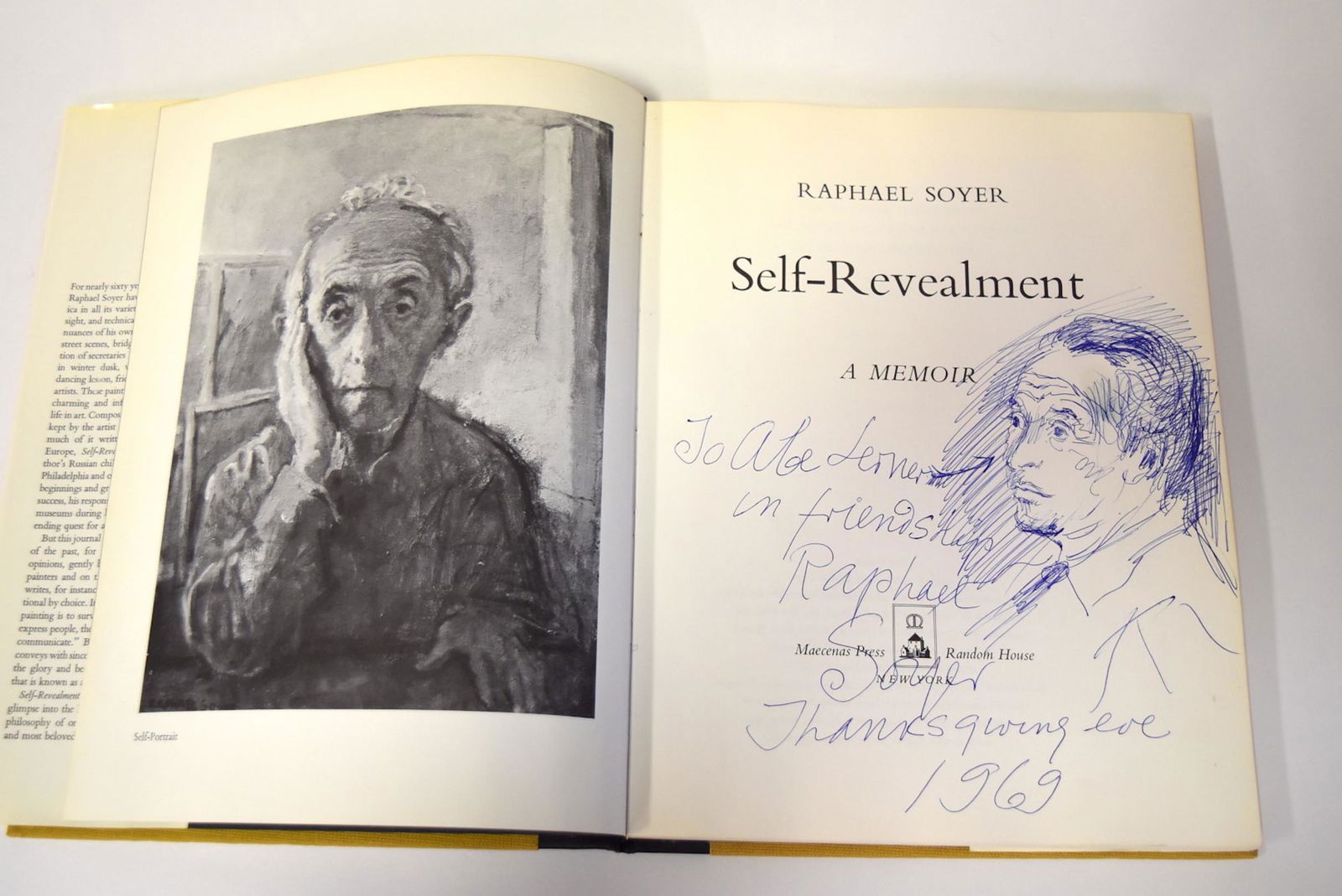 Raphael Soyer Sgd. Book with Soyer Drawing: Raphael Soyer. Self-Revealment A Memoir. Maecenas Press Random House, NY. First Printing, copyright 1967, 1969 by the artist. Dedicated and inscribed in ballpoint pen "To Abe Lerner in friendship Raph