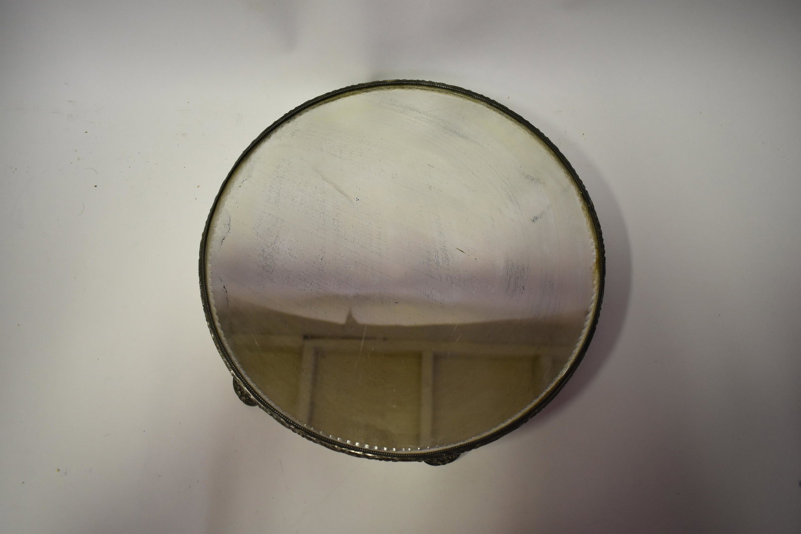 Vintage Mirrored Dresser Tray: Footed Ornately repoussed feet and edge, 14"W