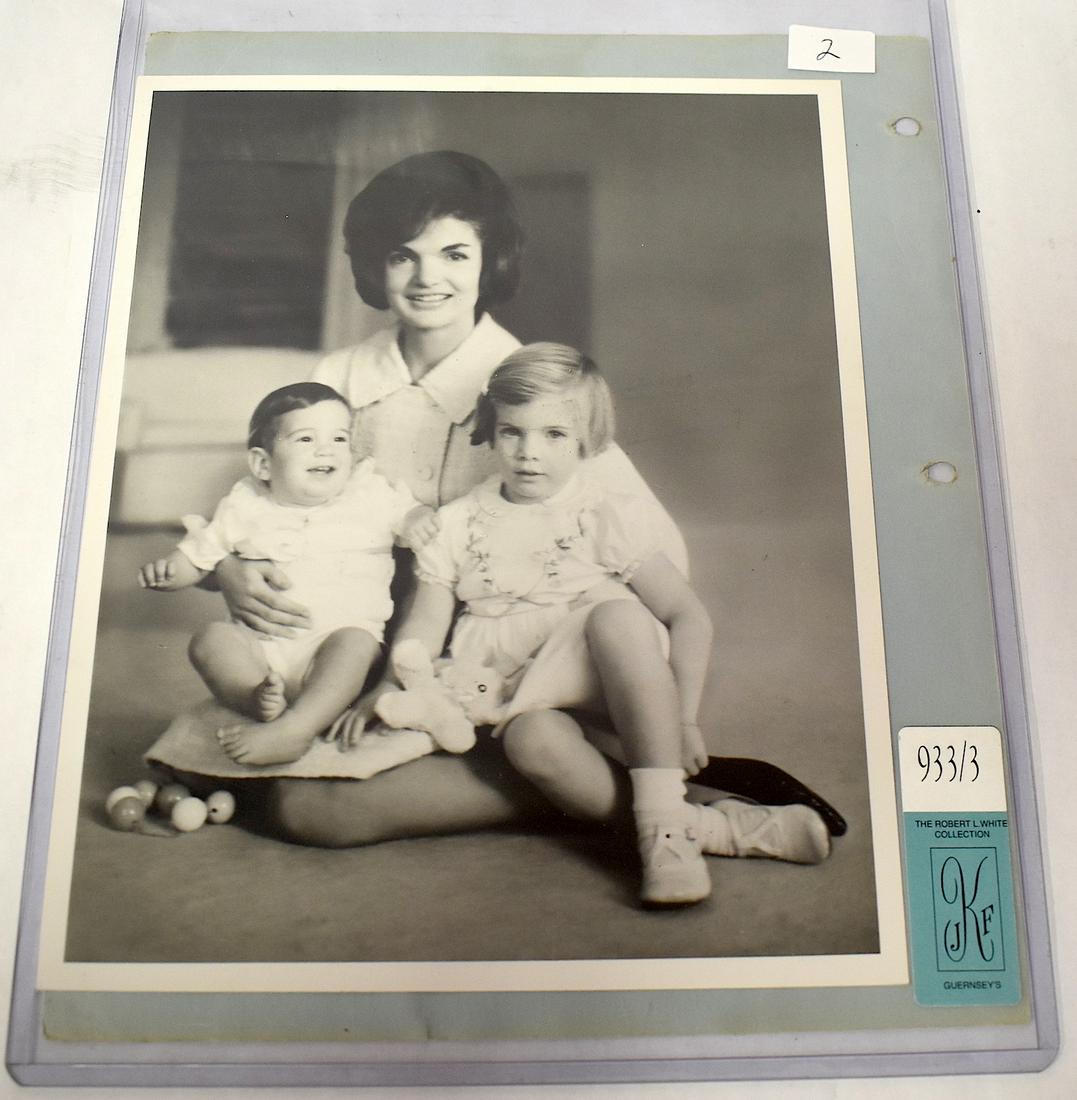 Jacqueline Kennedy Photograph with John & Caroline: Original photograph. Cardboard stock. Provenance : Robert L. White Collection with original auction sticker 8 x 10 The photo is accompanied by a Mrs. Kennedy appreciation card for thoughtfulness durin
