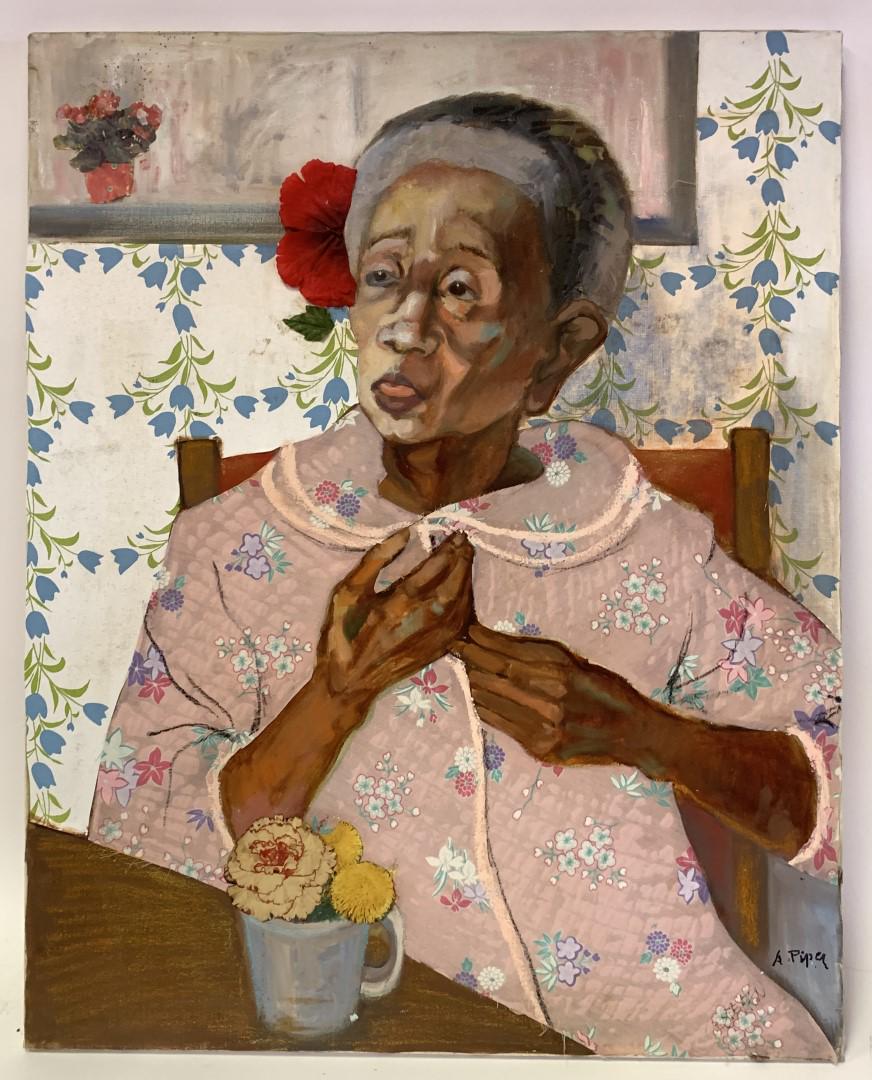 A. Piper; 20thC. American Mixed Media Signed: Mixed media on canvas(oil and collage). Portrait of an Elderly Black Woman. Signed l.r.; 30in. X 24in.