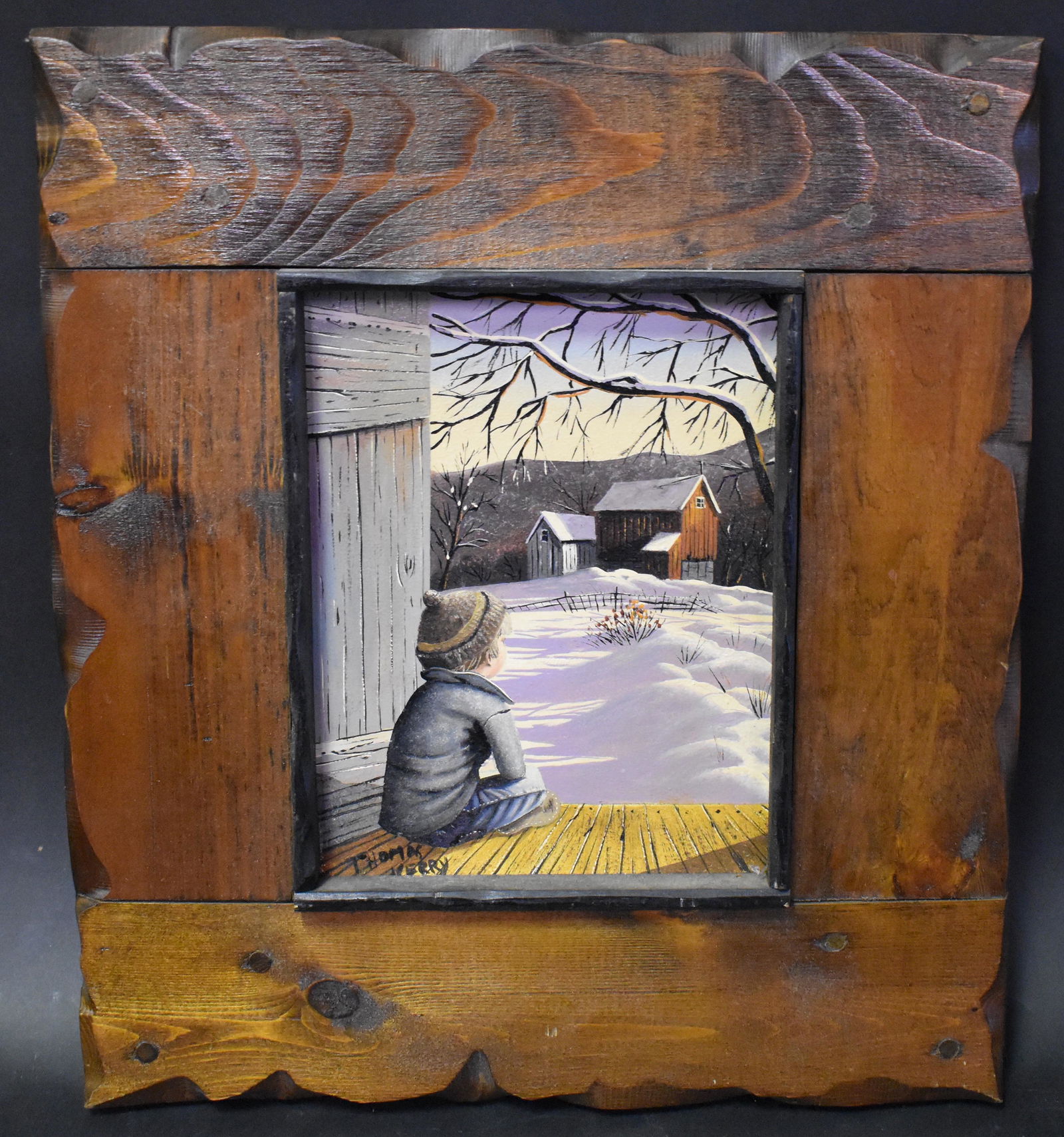 A Gazing Boy WInter Farm Scene SGD.: Oil on Board. Folk Art Frame. Signed L.L. Thomas Kerry. Imagine Size 9"H x 7"W. Overal 16"H x 14"W.