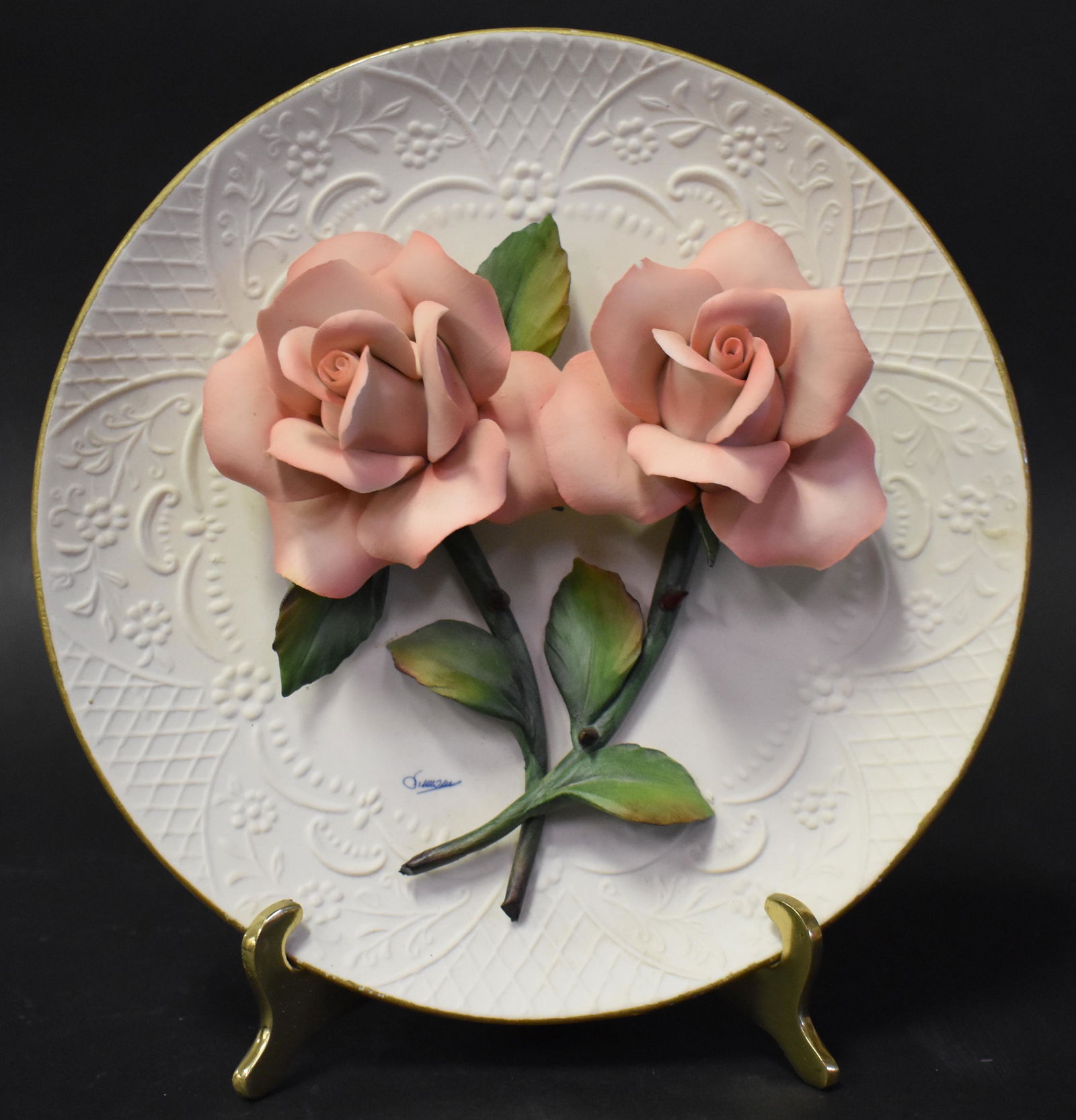 Capodimonte Porcelain Rose Plate: Capodimonte Porcelain Rose Plate 9in Sgd.