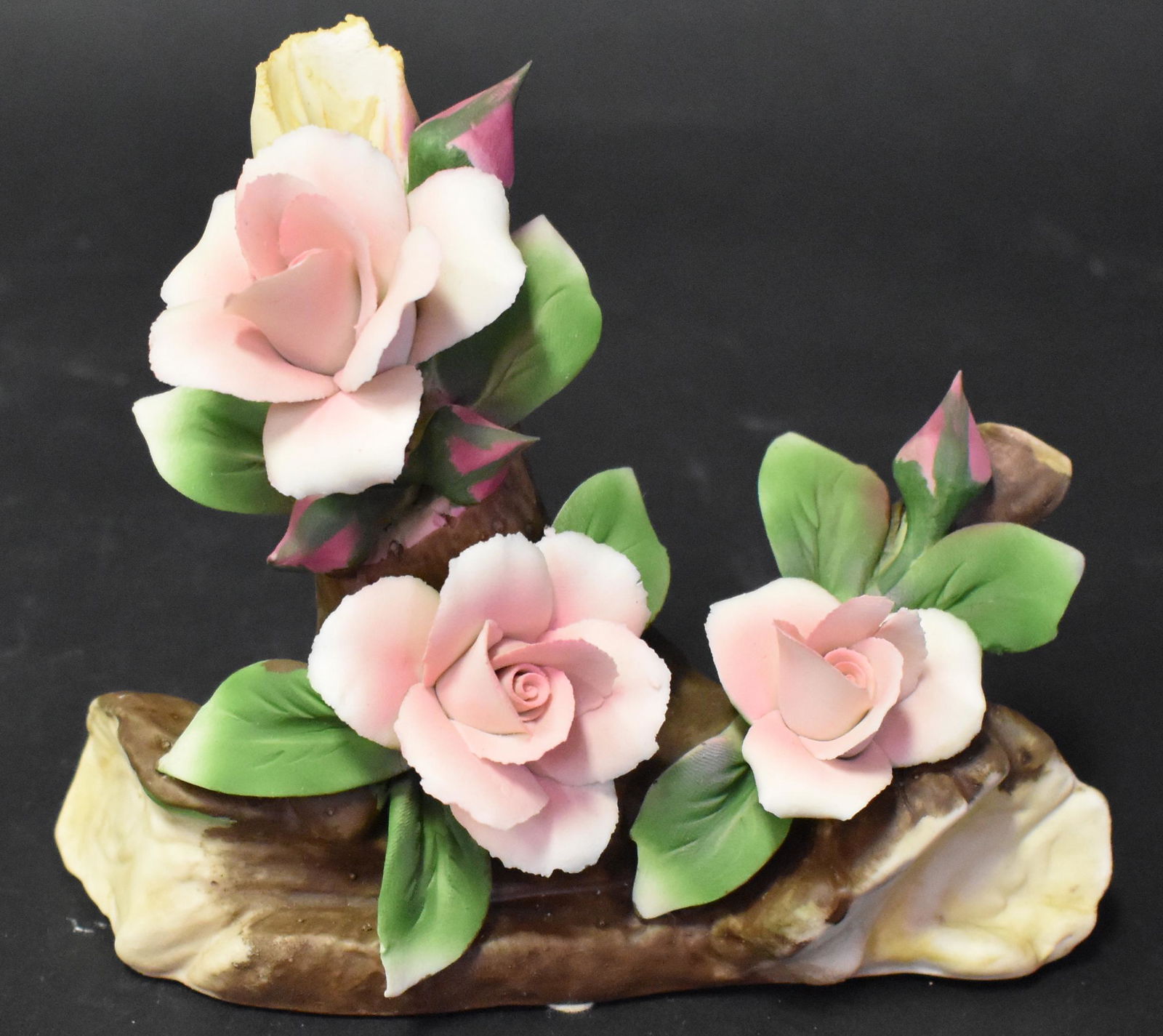 Capodimonte Porcelain Roses: Capodimonte Roses on Porcelain wooded stand 6in x 7