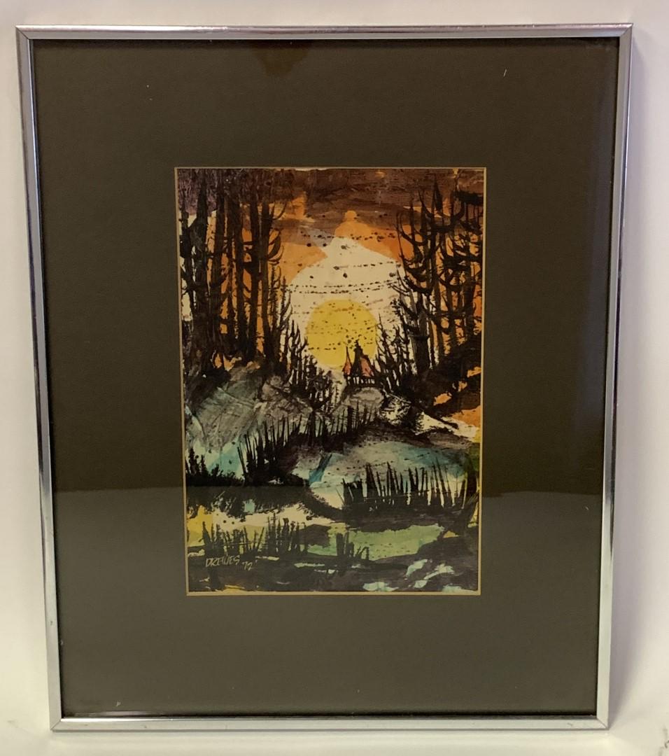 Werner Drewes; 20thC. Modernist Watercolor Signed: Watercolor on paper. Evening Forest. Signed l.l. and dated '72; 12.25in. X 8.25in.(image size)