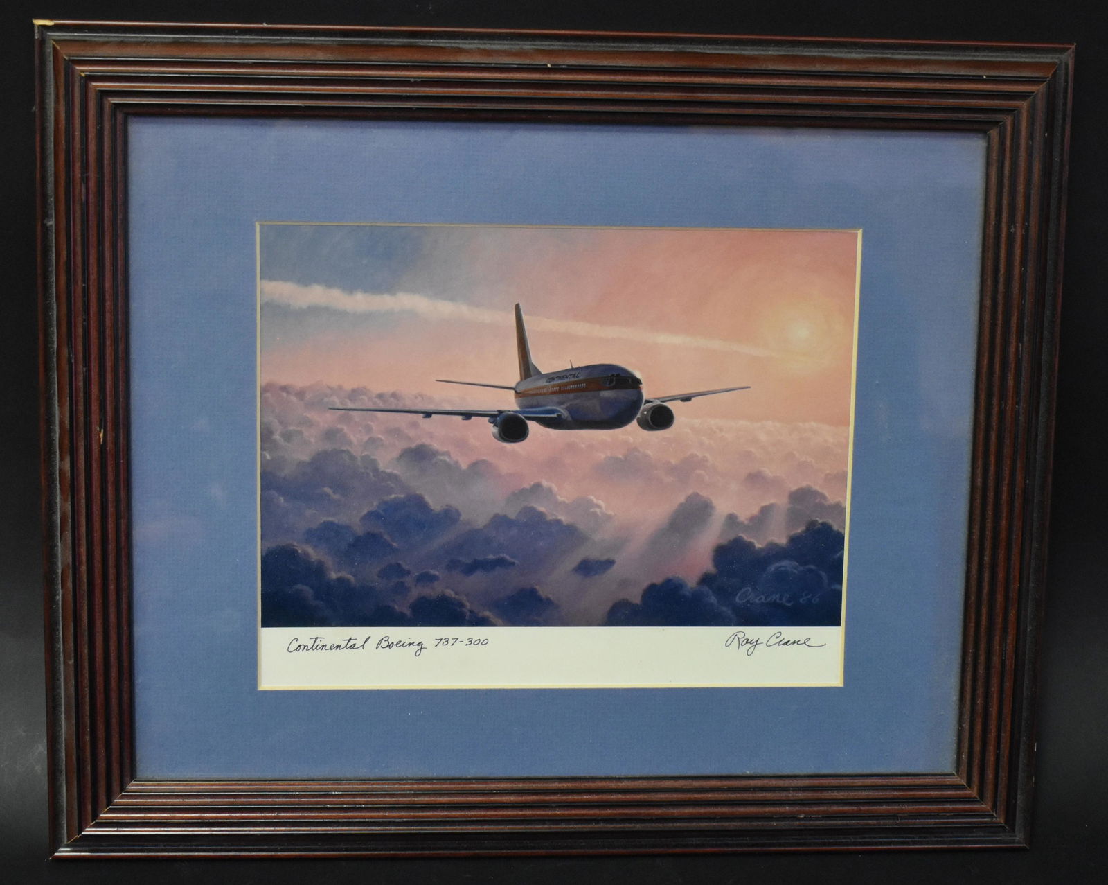 Ltd. Ed. Art Print Sgd. Ray Crane. Boeing: Art Print of a Contintental Boeing 737-300 signed Ray Crane. Image Size 8"H x 10"W. overall 14"H x 16"W