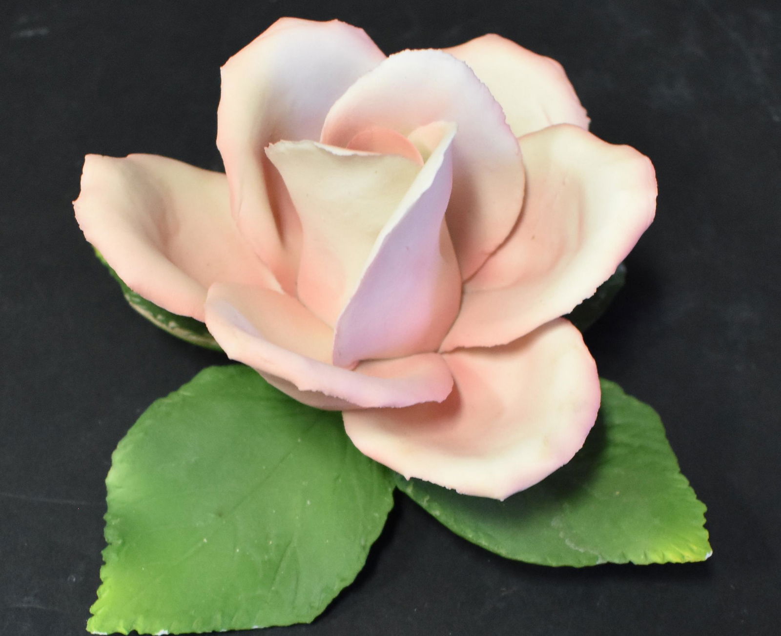 Capodimonte Porcelain Pink Rose: Capodimonte Porcelain Pink Rose on leafs 4 in
