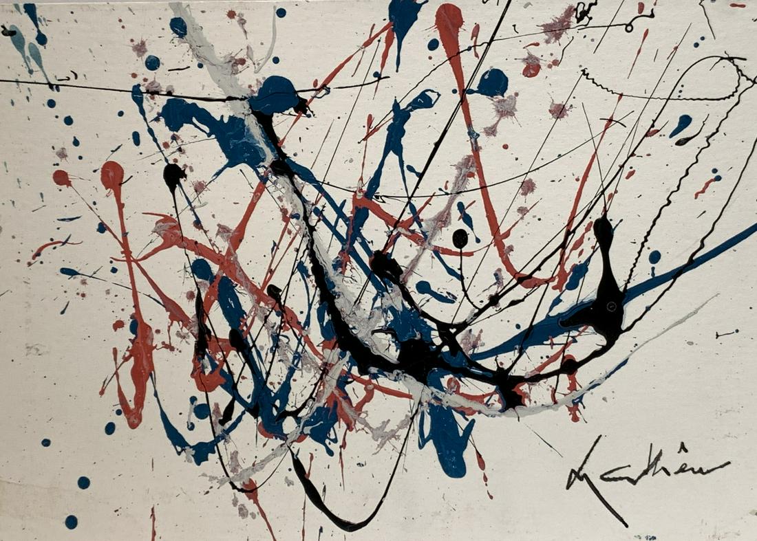 Georges Mathieu; 20thC. French Modernist Oil Abstract: Oil on board. Abstract Composition. Signed l.r.; 8.25in. X 11.75in.