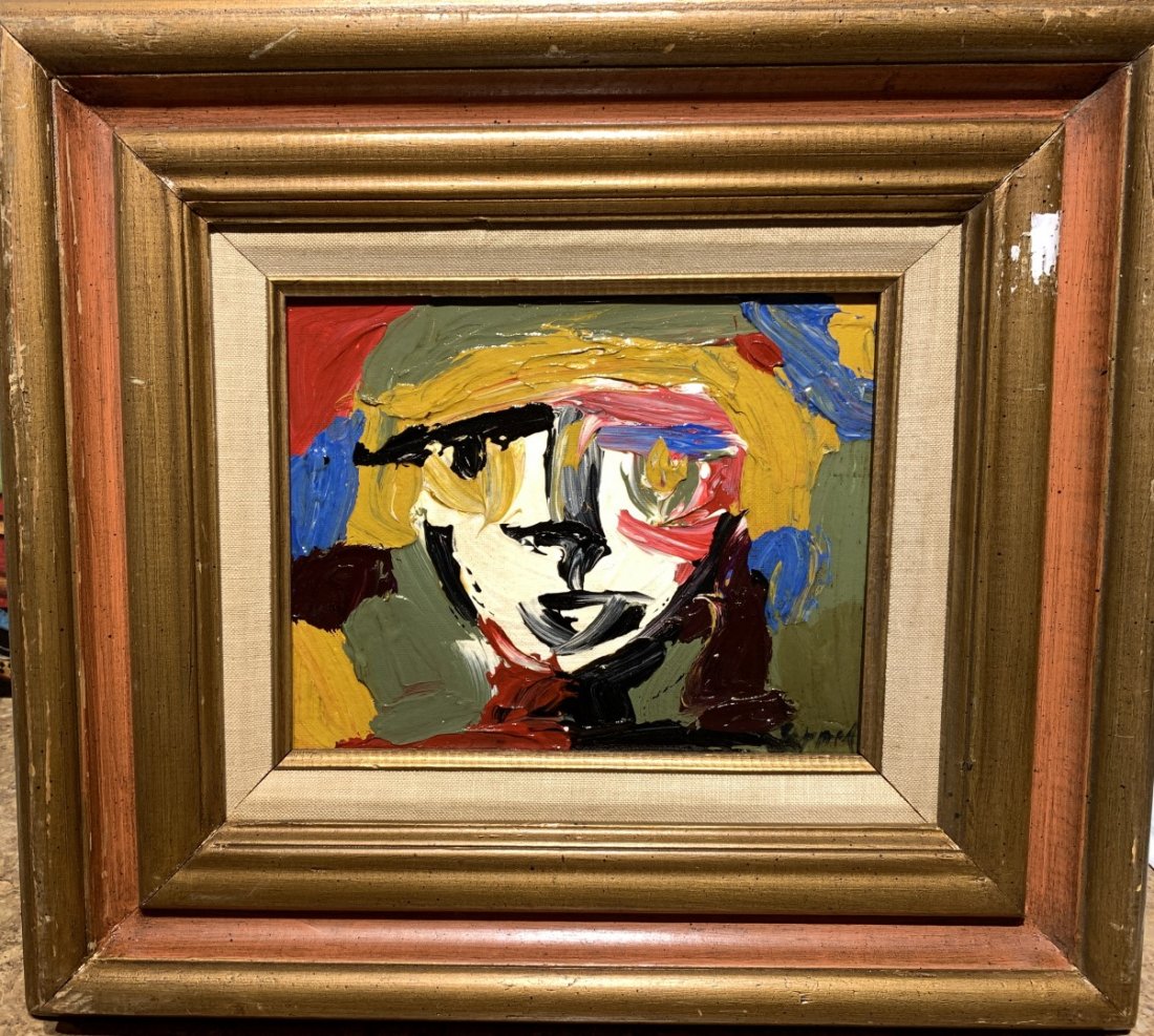Karel Appel; 20thC. German Modernist Oil Signed: Oil on board. Gesicht einer Frau(Head of a Woman)1971. Signed l.r. and inscribed on reverse; 8in. X 10in.