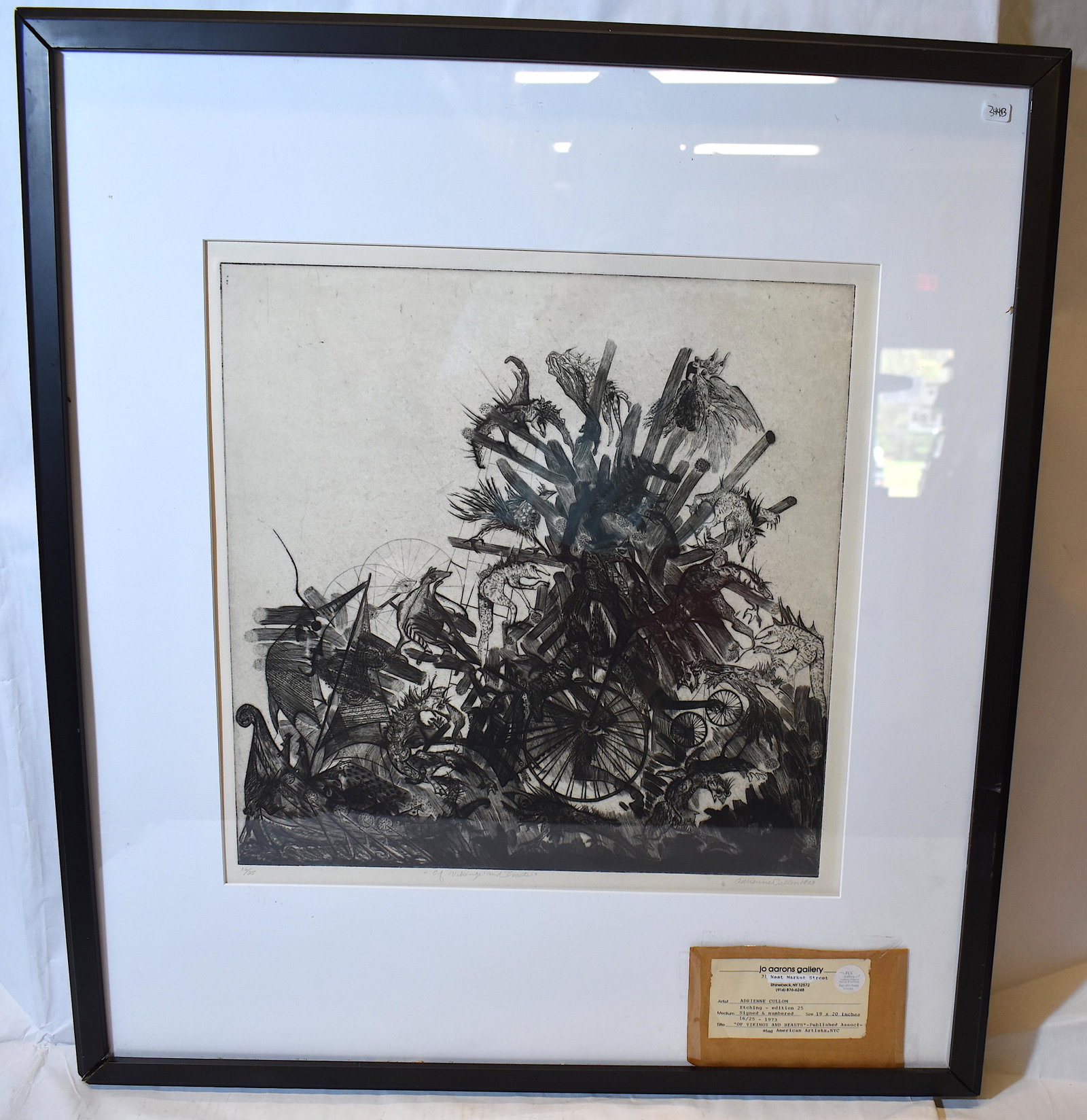Adrienne Cullom. Etching. Of Vikings & Beast: Jo Aarons Gallery Rhinebeck NY label . Numbered 16/25. Dated 1973 Sgd in the margin Jo Aarons 17x18 1/2 and 31 x 28 (overall size)
