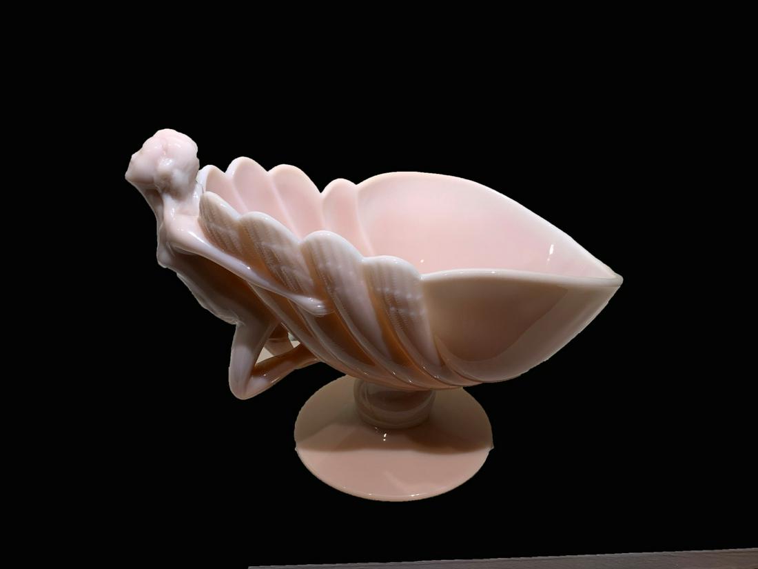 Art Deco Opaline Figural Glass Bowl: Figural glass bowl. Depicting a nude holding a shell shaped dish; 8.75in.H. x 12in.W.