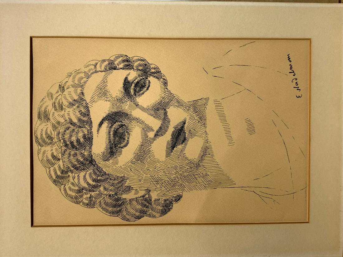 Eli Nadelman; 20thC. Modernist Ink Drawing Signed: Ink on paper. Head of a Woman. Signed l.r. and having gallery label affixed to reverse; 11.25in. X 7.5in.(image size)