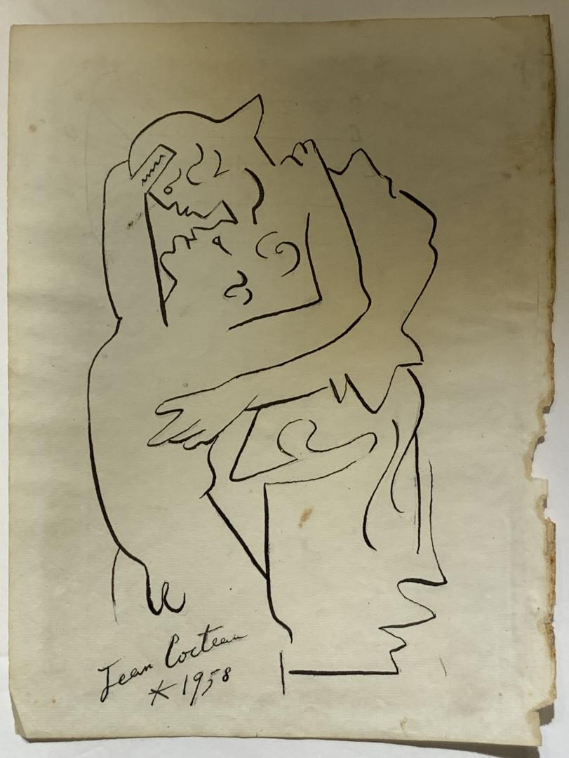 Jean Cocteau; 20thC. French Ink Drawing Signed: Ink on paper. Deux hommes. Signed l.l. and dated 1958; 10.75in. X 8in.