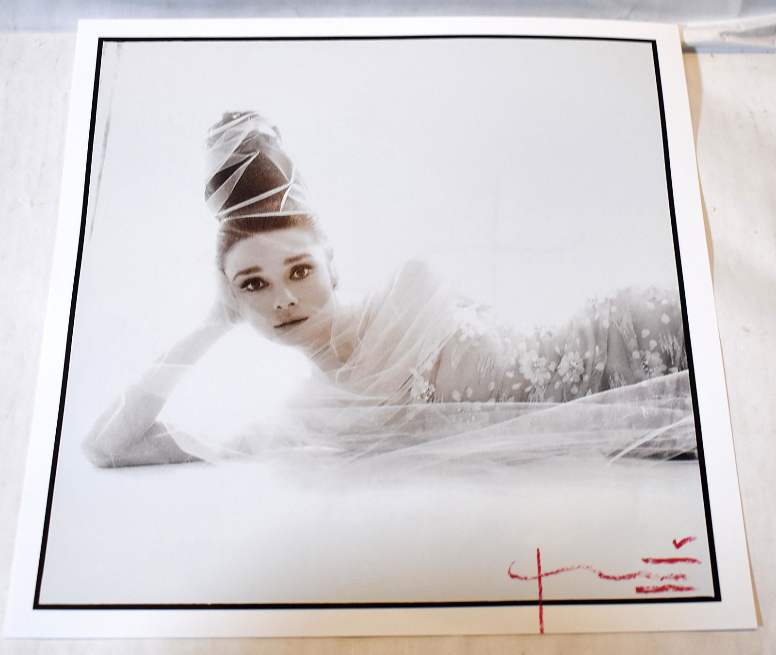 Bert Stern Audrey Hepburn Photograph: Sgd in red and with a Bert Stern stamp 2009 in red 13 x 13