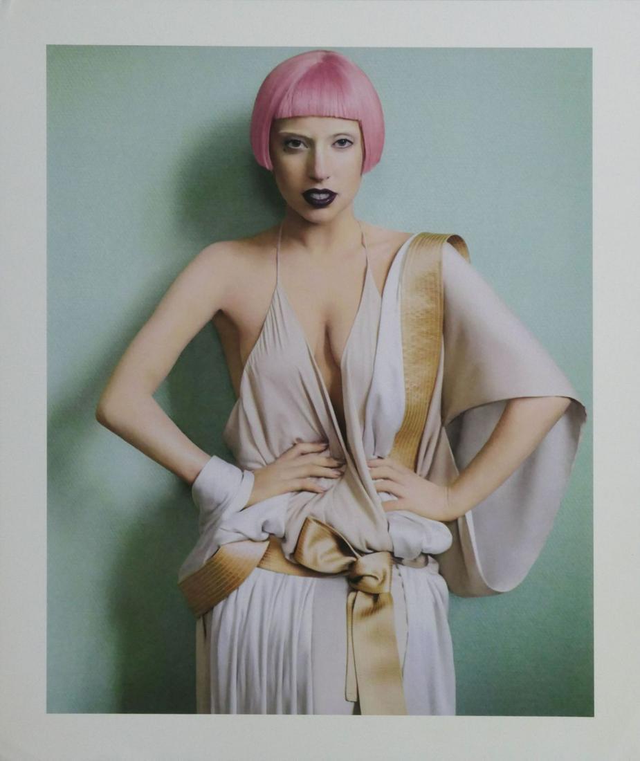 Lady Gaga Mario Testion Publication Portrait Photo: Lady Gaga, singer, 9.5"x11.5", inner size, 10"x8". It comes with information on the verso for a magazine write-up. The photograph is printed on double weight light gloss paper and is in good condition
