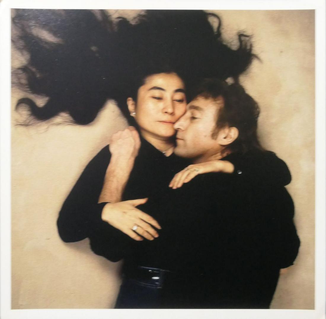 John Lennon & Yoko Rolling Stones Annie Leibovitz Photo: John Lennon and Yoko Ono, Rolling Stones photoshoot, 10.5" x 10.5" photograph with border. Taken by Annie Leibovitz in 1980, printed 1997. It comes stamped by the photographer with other details for p