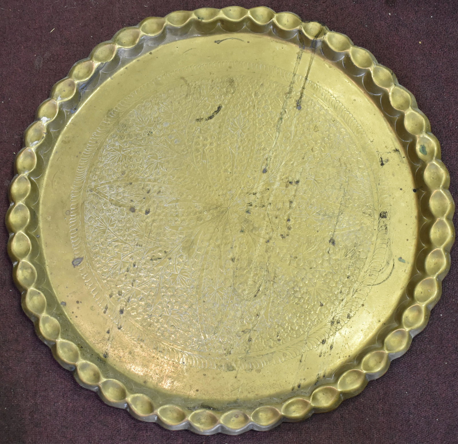 Antique Moroccan Brass Tray: Size 23" Diameter. 1 inch Burnt Edge seen in photo