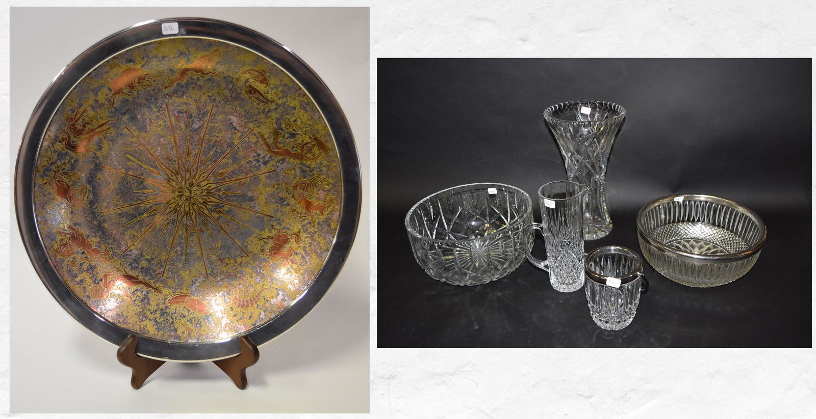 Reed & Barton Zodiac Silverplate Charger W/ Others: Lot of Estate Cut and Pressed Glass Items -Including: large bowl with silverplated rim; cut glass jam jar with silverplated rim, handle and spoon; cut crystal bowl, pressed glass pitcher, cut glass va