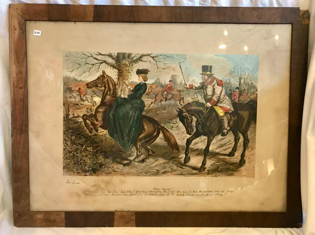 John Leech Lithograph, Gone Away: Gone Away! Old Coachman, "Now Miss Ellen! Miss Ellen! You know what your Pa said! You was to take the greatest care of Jerry!"London: Thos. Agnew & Sons, 1865. Large lithograph printed in color, showi