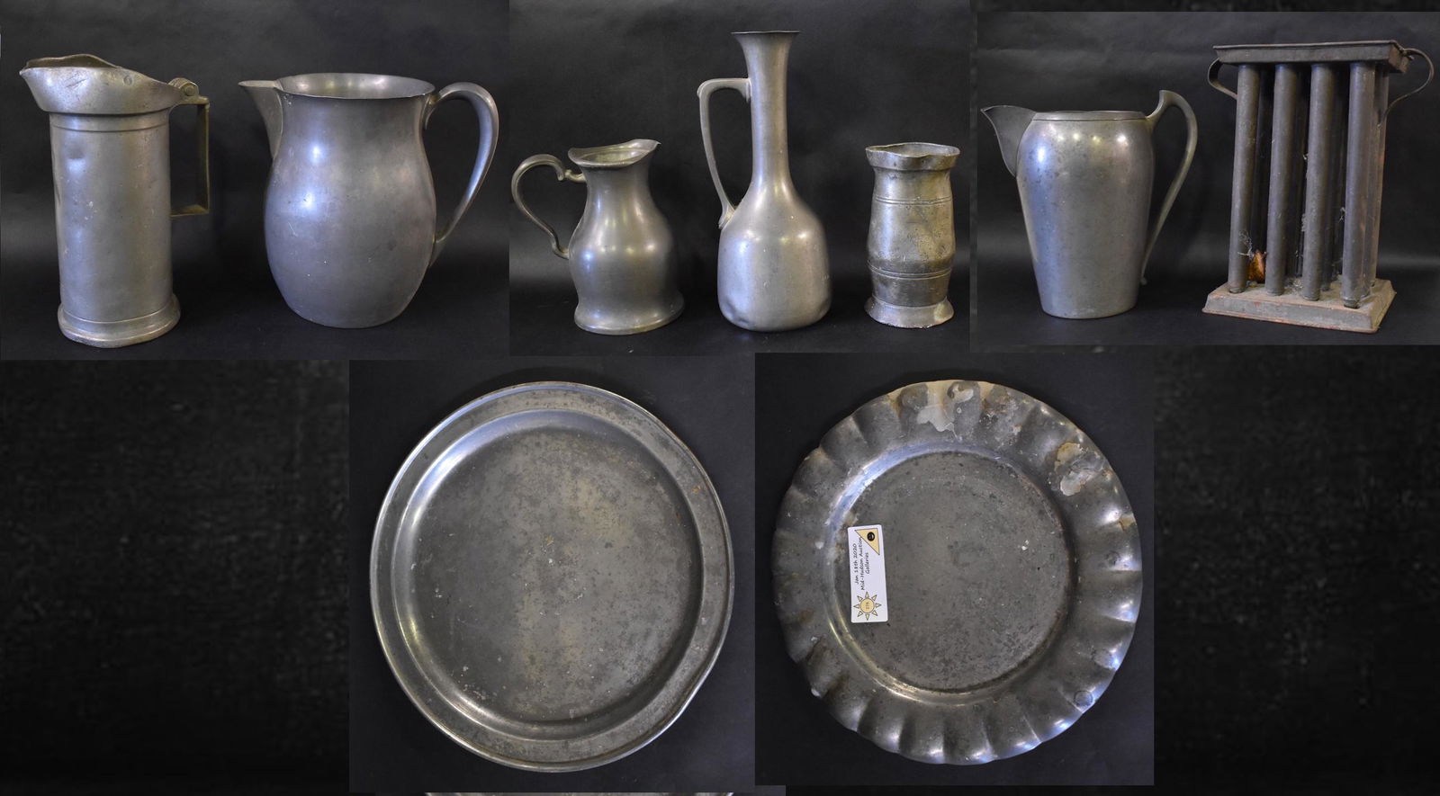 Lot of Early Pewter (9): Eight pieces of early pewter and a metal 12-slot candle mold. Brewster Pewter pitcher, with dents; Silvercraft Pewter pitcher; Flagg & Homan Pewter plate; RH Macy's Pewter tray; Dutch pewter handled v