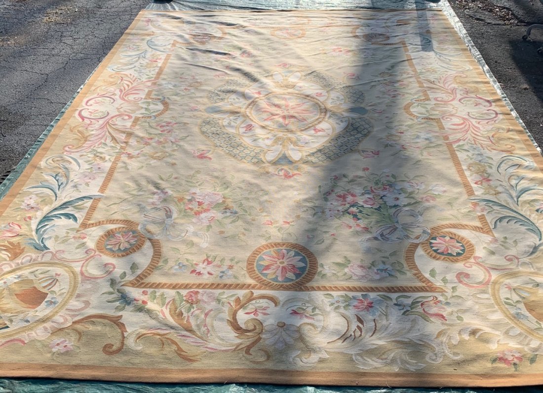French Aubusson Rug: In shades of cream, gold, greens, pinks and blues. Very good condition. 189.5 L x 133.5 W