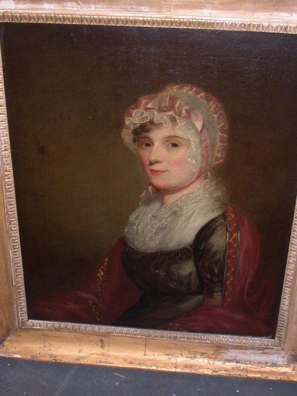American Portrait Painting by G. Stuart: American Oil on Canvas Attributed to Gilbert Stuart, 1755-1828. "Portrait of Miss Canon." Provenance: Sotheby/Park Bernet Feb. 1971 Arthur James Galleries Del Ray Beach, Florida. 29-1/4" x 24-1/4" NOT