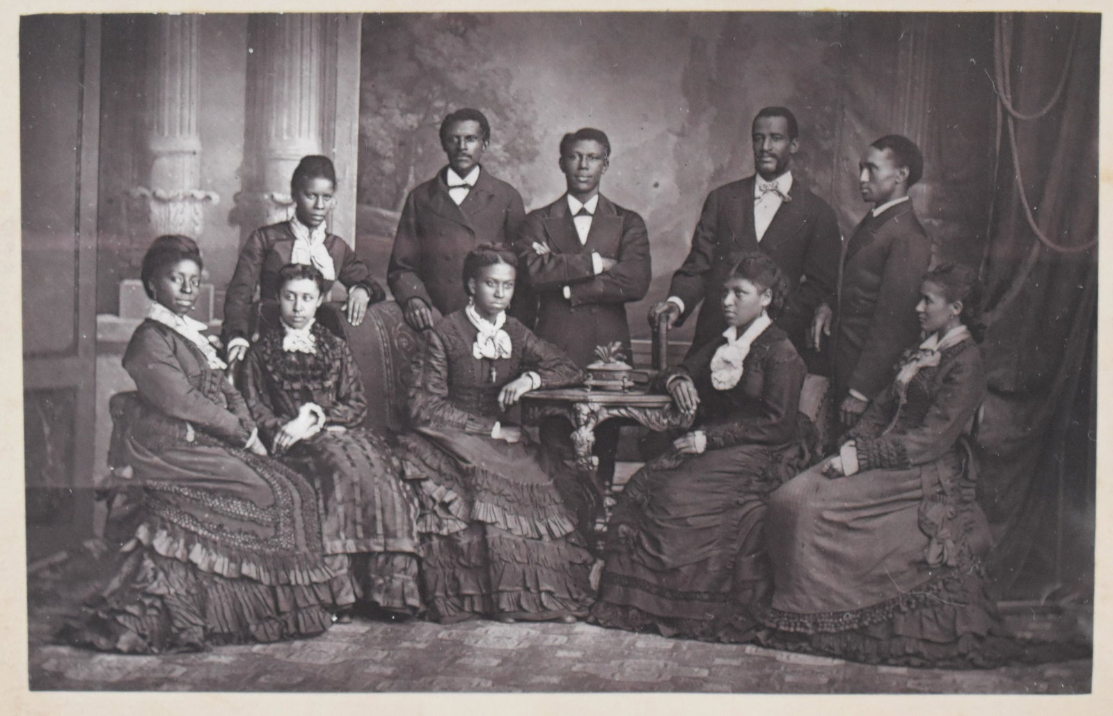 19th C. Photograph, The Jubilee Singers: Porter, Watkins, Alexander, Loudin, Rublin, Jackson, Lewis, Shepard, Carnes, and Robinson. Dated 1877 on the reverse, original mount. Nashville, Tennessee. 4-1/4" x 5-1/4"