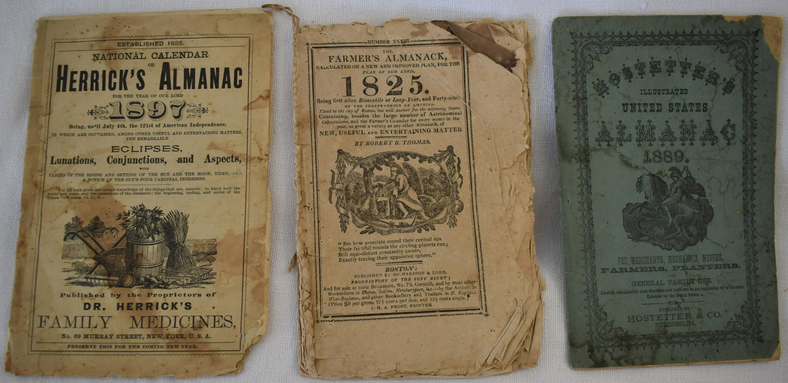 19th C. Almanacs (3): 1825, 1889 Farmer's Almanac; 1897 Herrick's Almanac. As-is condition commensurate with age. 8 x 5; 8-1/2 x 6