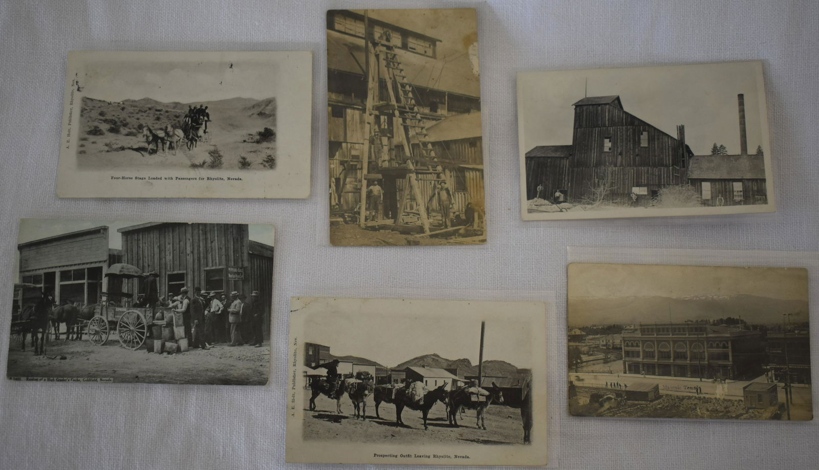 Early Western Postcards (6): Five of them sent; 2 with postmarks; 3 with 1 cent stamps. All circa 1907. Includes prospectors, a four-horse Nevada stagecoach, and an early building identified as California. 3-1/2 x 5-1/2