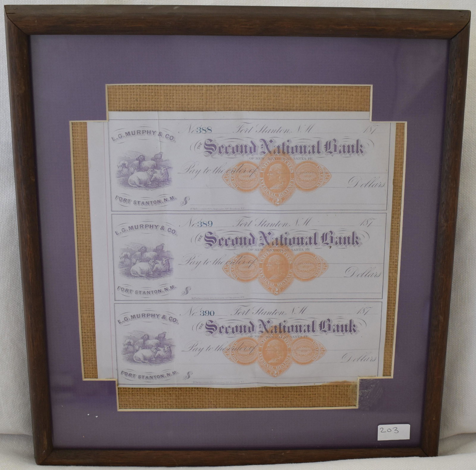 Territory of New Mexico Checks: L. G. Murphy & Co in Fort Stanton. Three blank checks Framed. 13 x 12