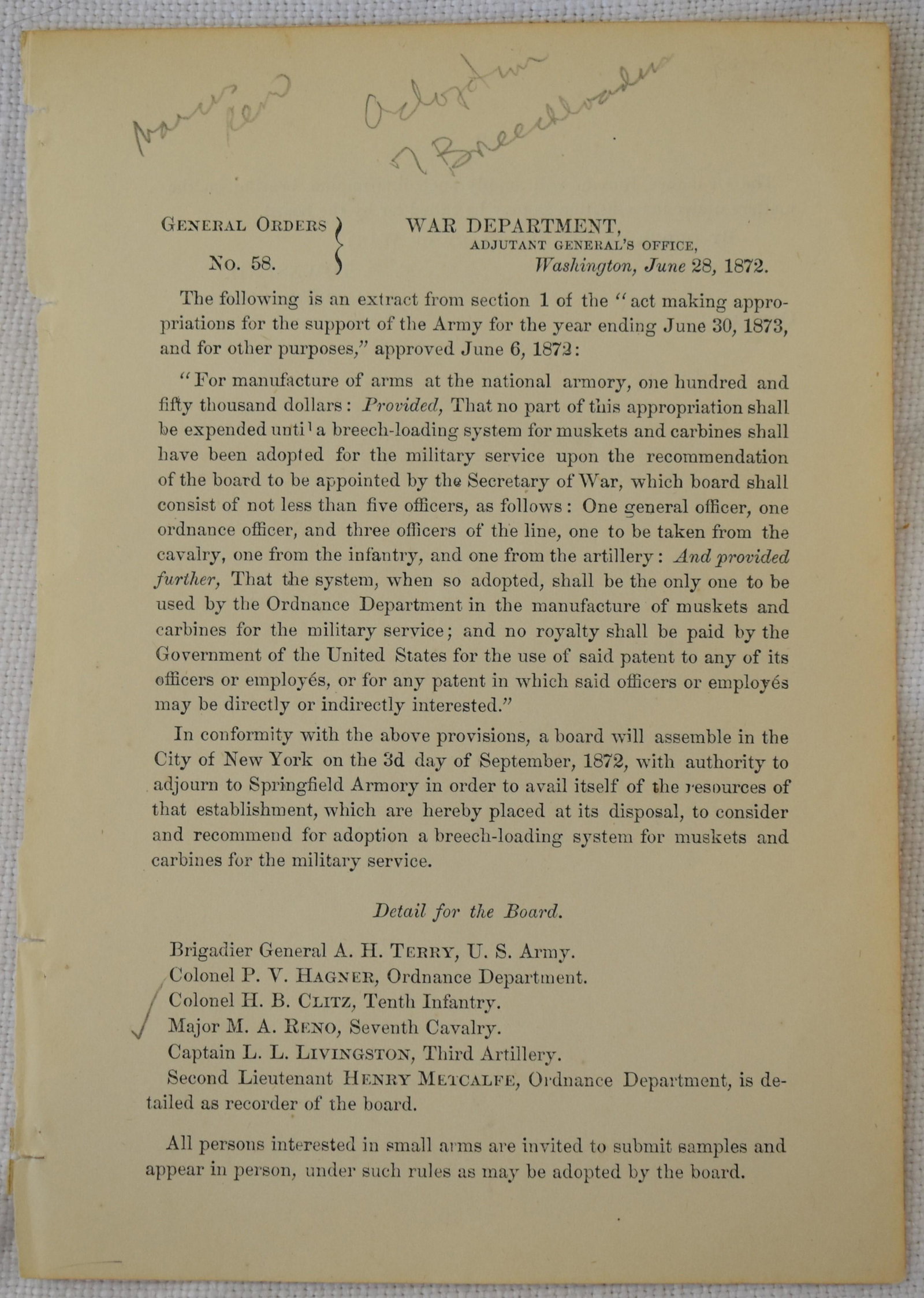 7th Cavalry Marcus Reno Breechloader Trials: Orders from the War dept. forÂ breech loading systems for muskets and carbines
