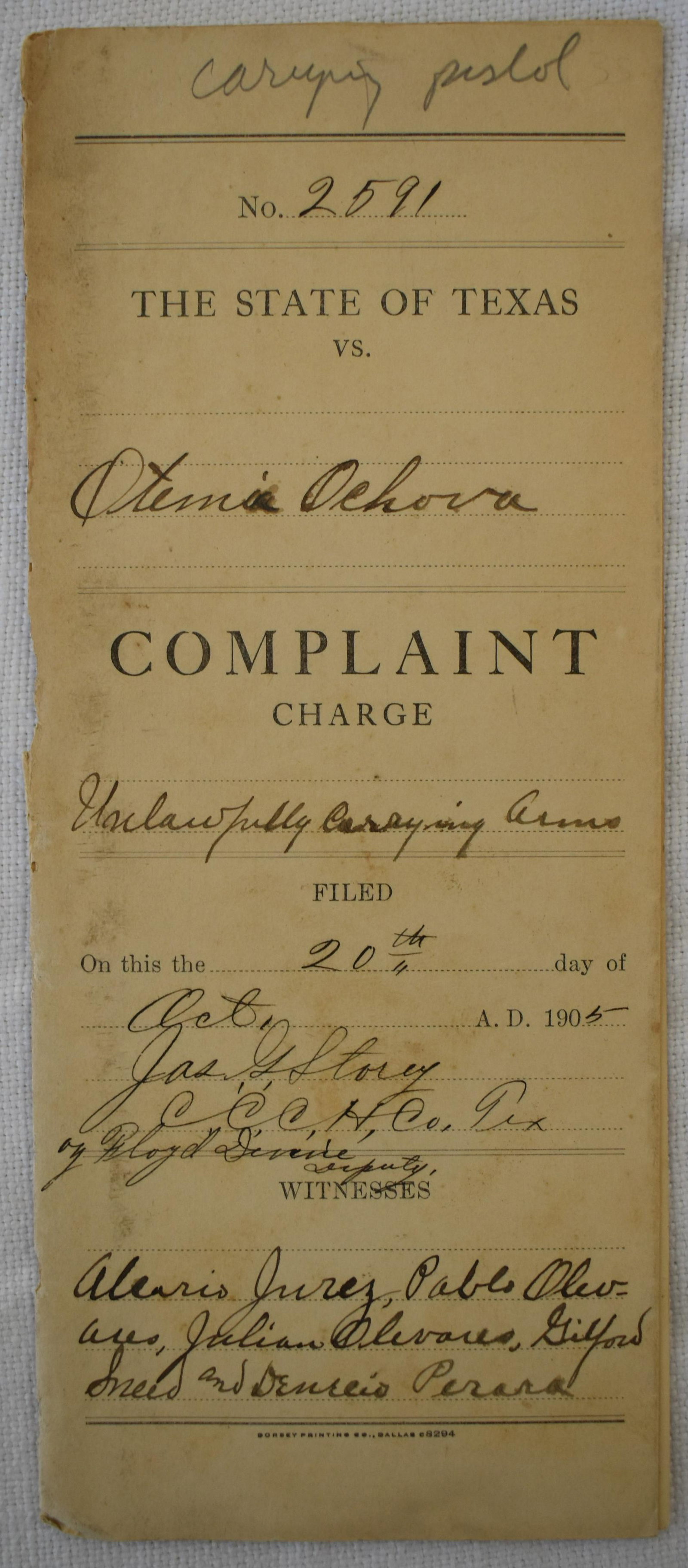Complaint Mexican with Pistol: State of Texas 1903