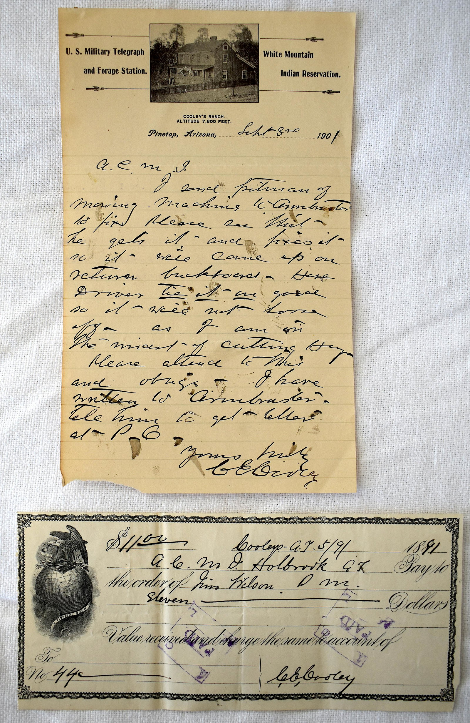 C.E. Cooley ALS & and Sgd. Pay Order: On Cooley Ranch letterhead., 1901 and an 1891 Pay Order An extensive printed history of C. E. Cooley an his role in the early West and details of his alleged association with theÂ Apaches incÂ i