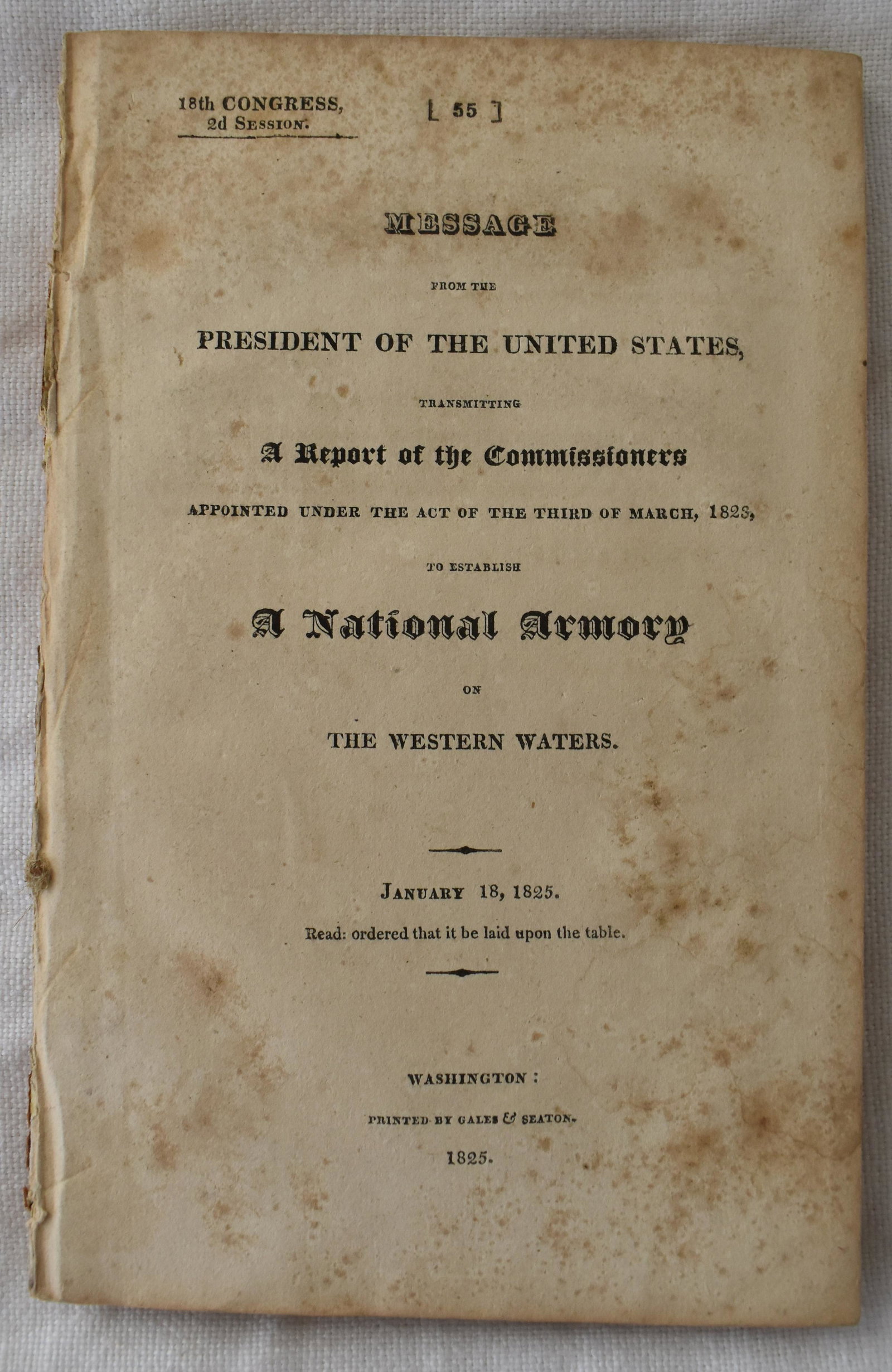 President's 1825 Message on a National Armory: On the Western waters. Soft Cover Book.