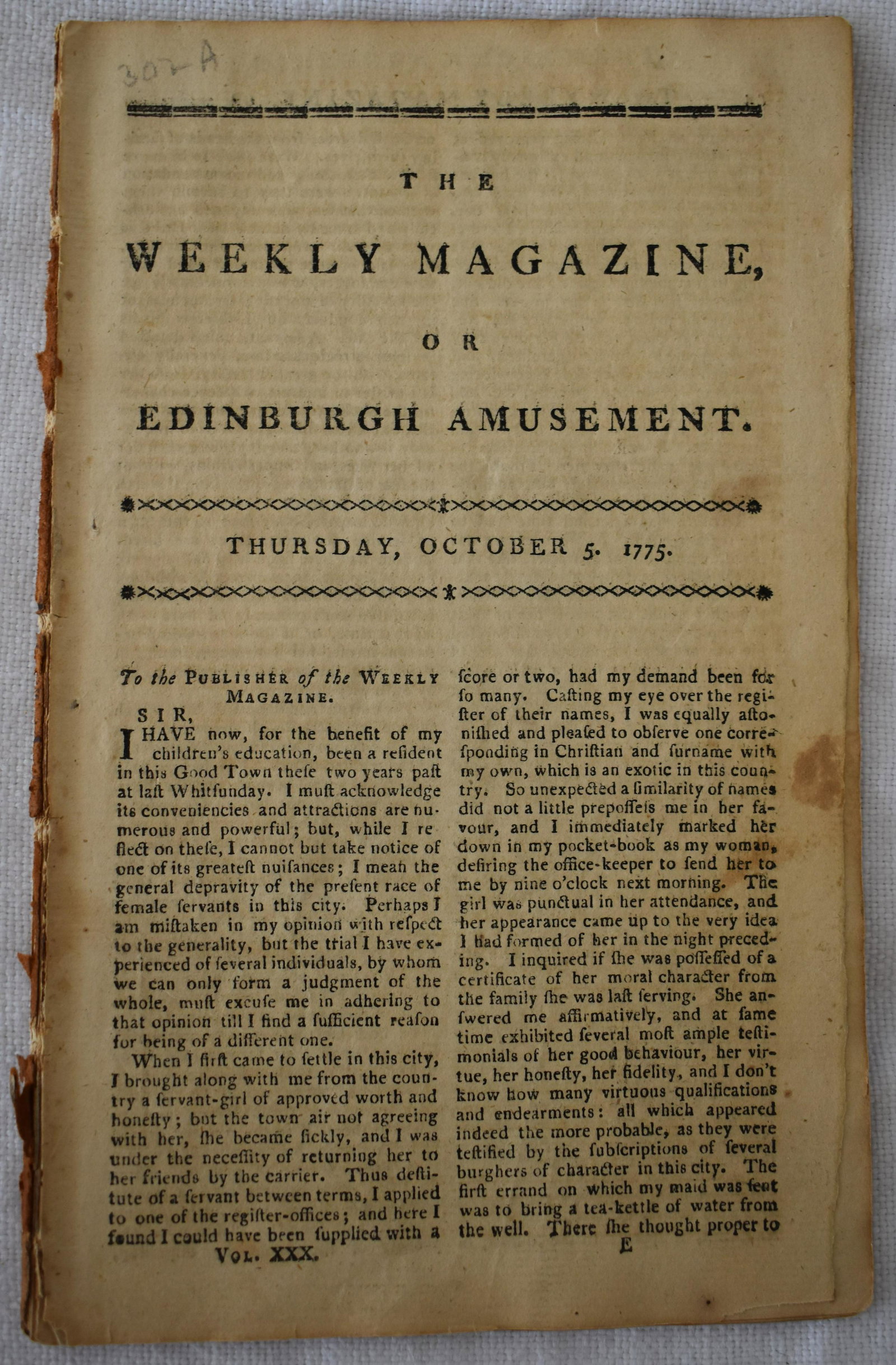 Weekly Magazine Oct 5 1775: of Edinburgh Amusement. 3 1/2 pg description of Philadelphia. Article" America" is a letter from Philadelphia with talk on politics and war. A letter from John Hancock concerns the fate of the war. A 