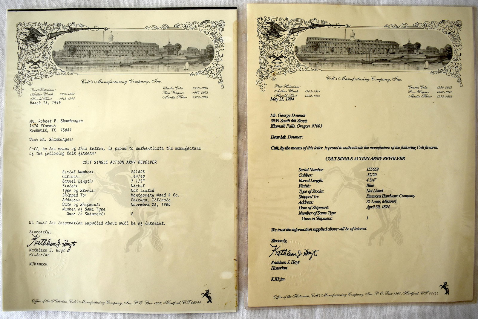 Colt Mfg Co. Receipts for Guns (2): For Colt Single Action Army Revolver Serial #155659 and 201608 Two in the lot