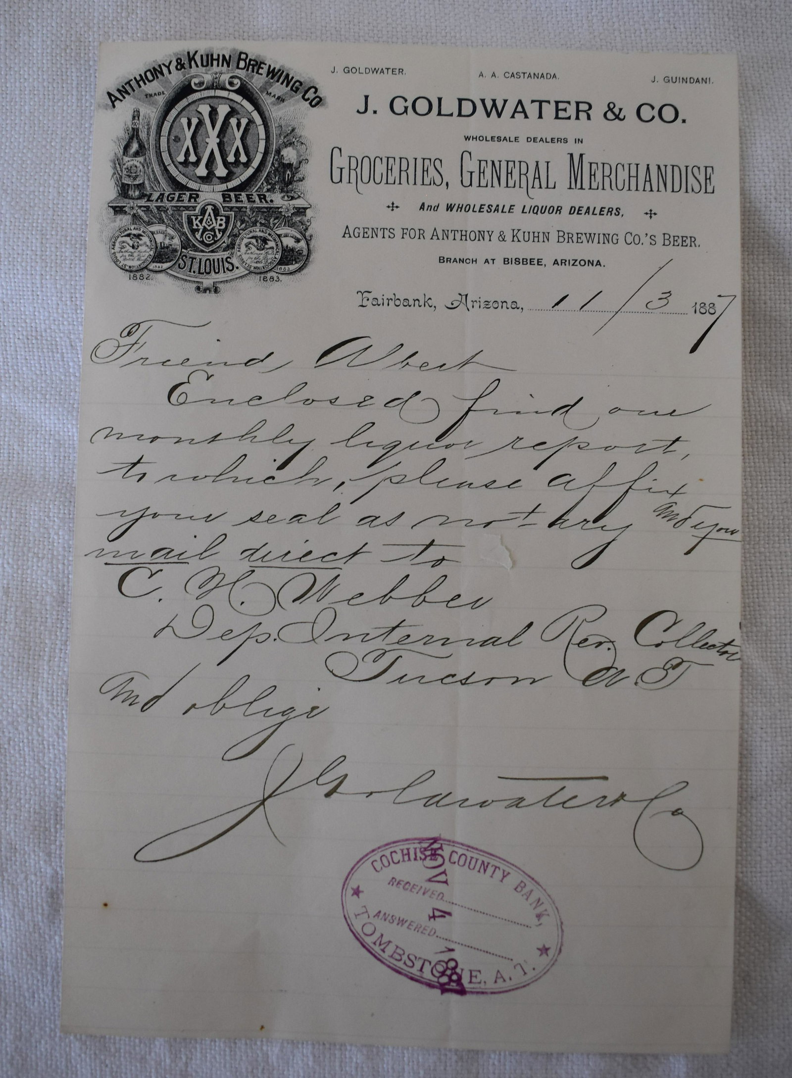 Tombstone Arizona Territory 1887 Receipt: Cochise County stamp for liquor assessments Anthony and Kuhn Brewing Co