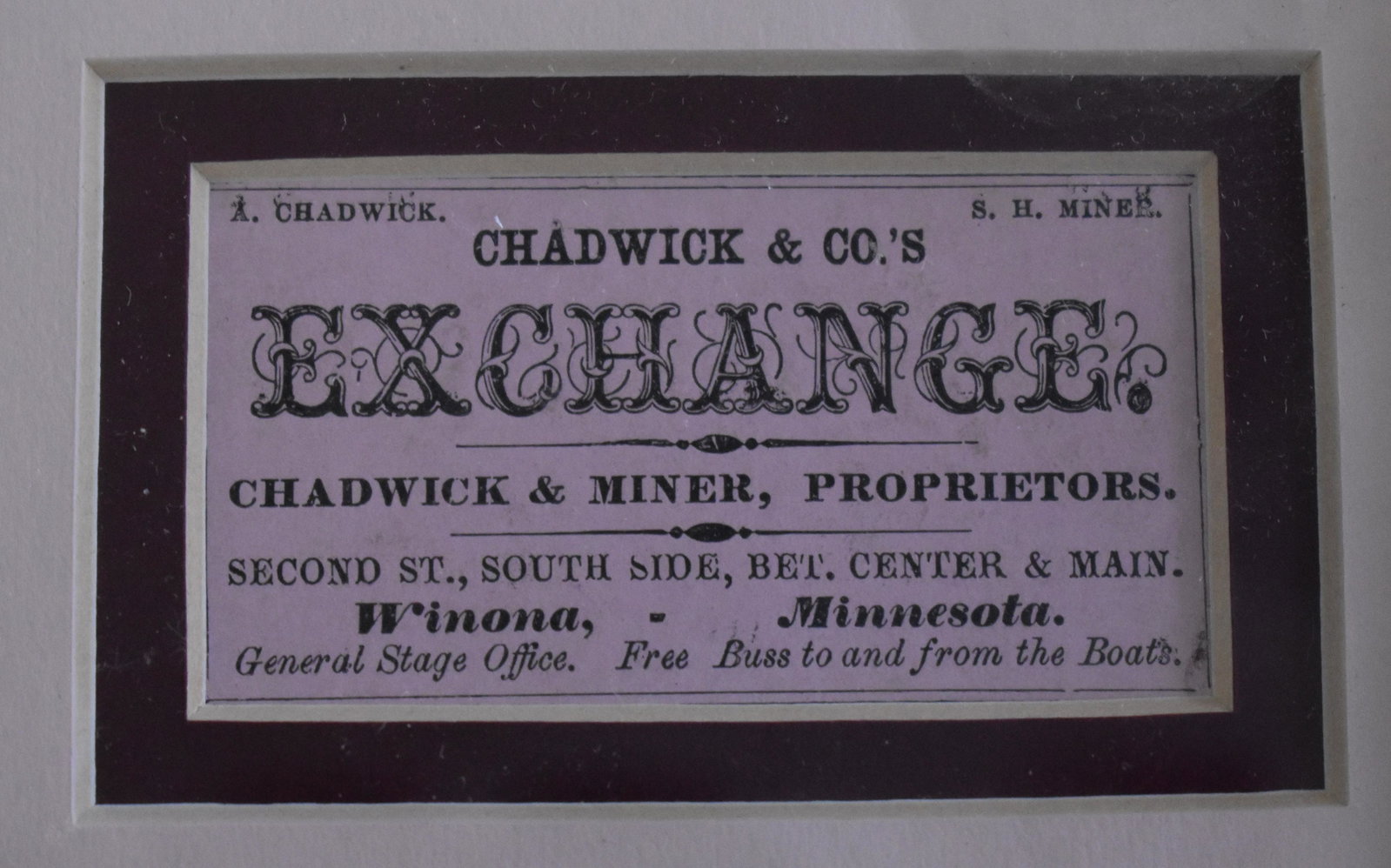 Chadwick & Co Exchange Ticket: Winona, Minn. General Stage Office. Gallery double matted and framed,. 7 1/2 square, framed size