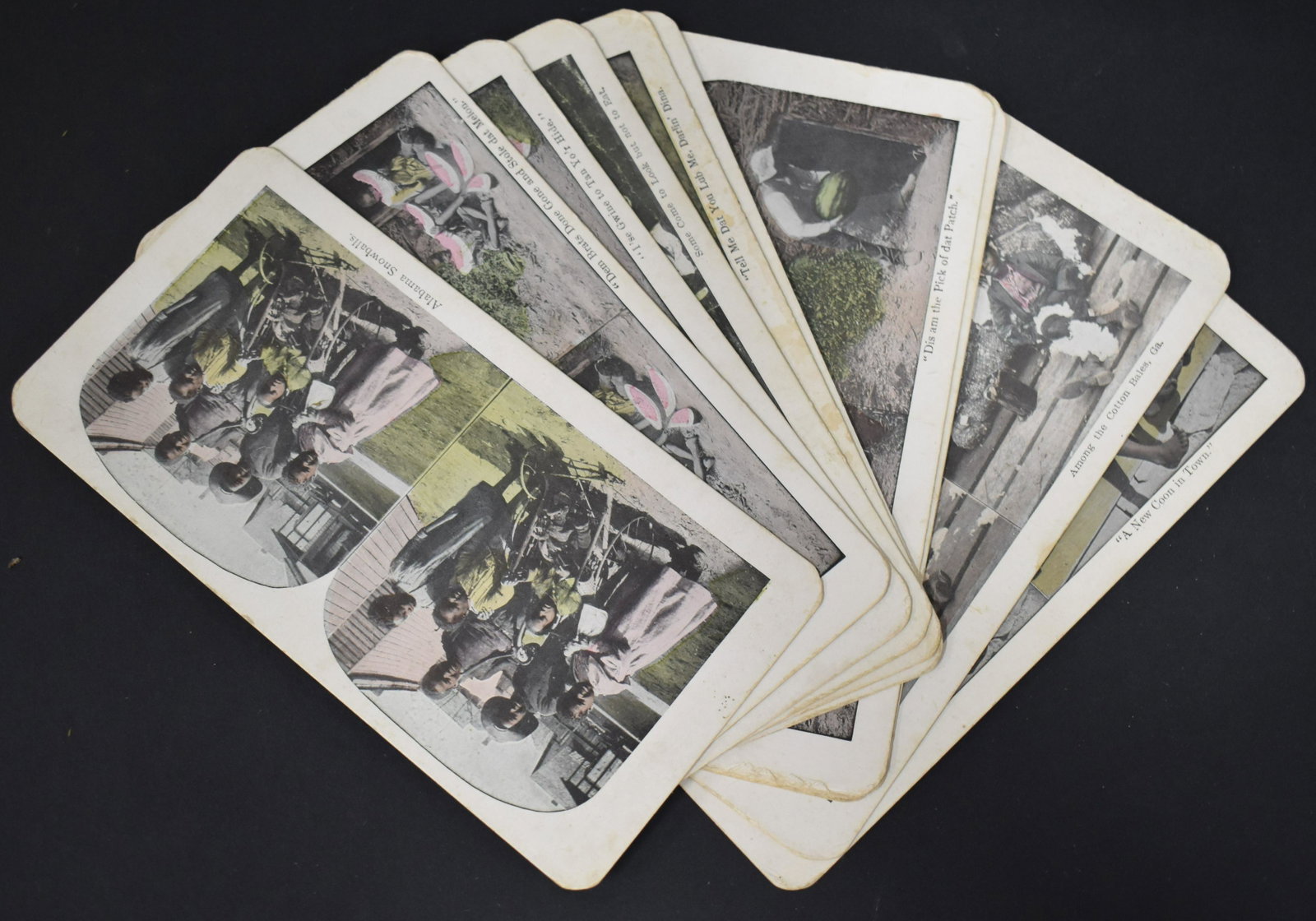 African American Rare Stereo View Cards(9): Rarities. Some with what cataloguer deems derogatory historical captions Call if additiional information is needed, Nine in the lot