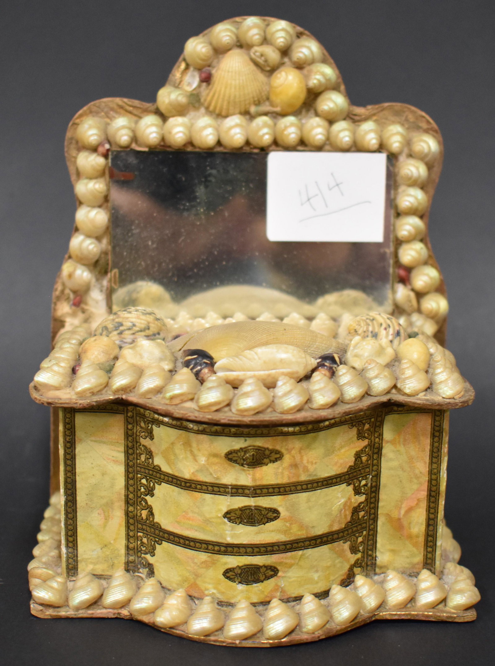 Antique Shell Art Jewelry Box w/Mirror: Lift top. Has shell necklace inside Minor imperfections commensurate with fragility and age, 56 H x 5W