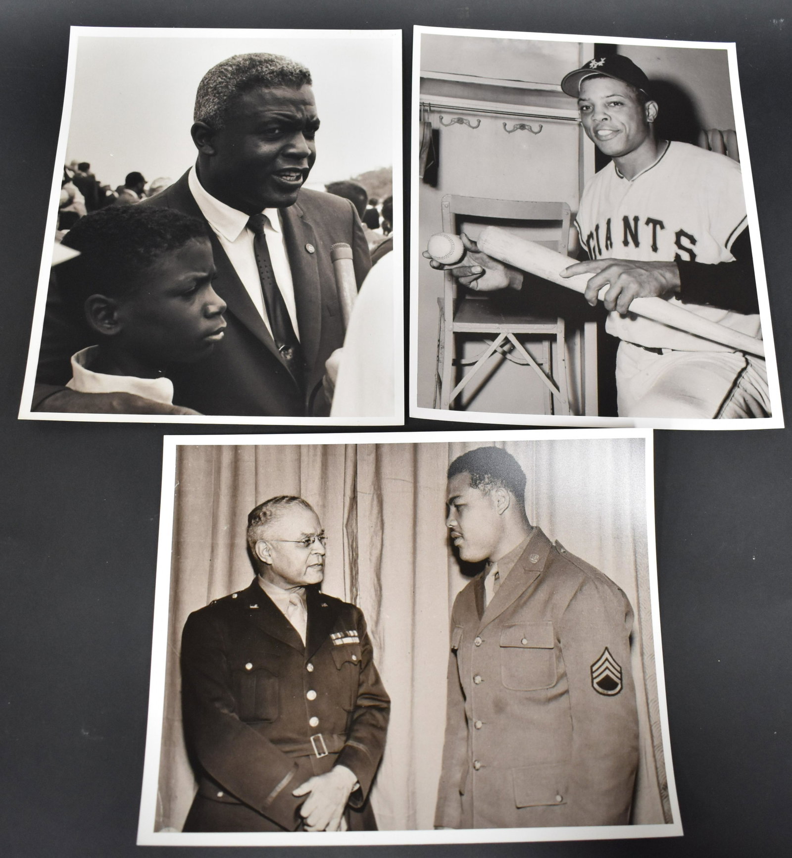 Robinson, Mays, Louis Photographs (3): Hand Printed photo Jackie Robinson and son during March on DC,Willie Mays in Giants uniform and Joe Louis in military uniform. All 8 x 10