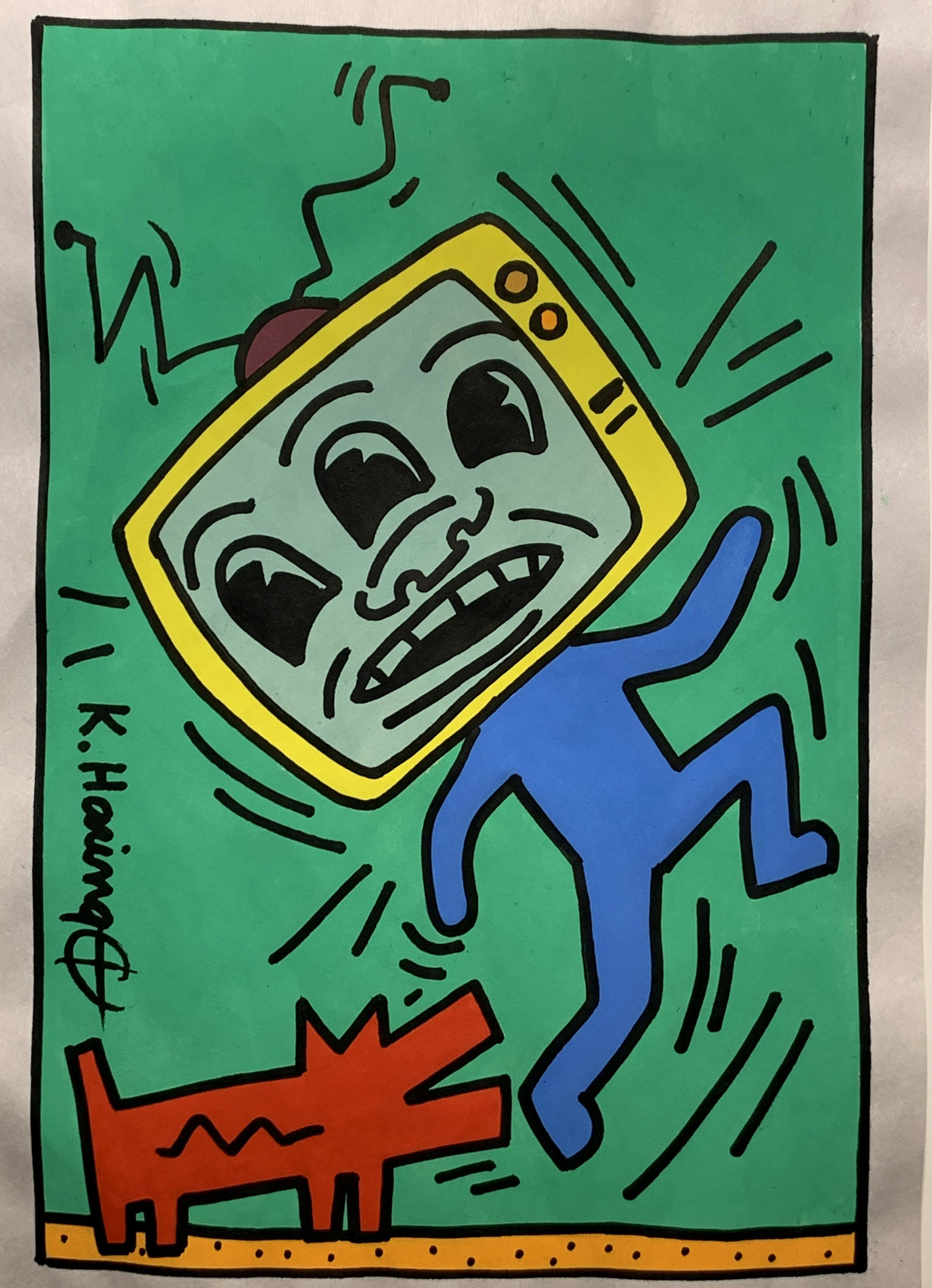 Keith Haring; 20thC. Contemporary Gouache Signed: Gouache on paper. TV Man with Barking Dog. Signed l.l.; 11in. X 7.75in.(image size)
