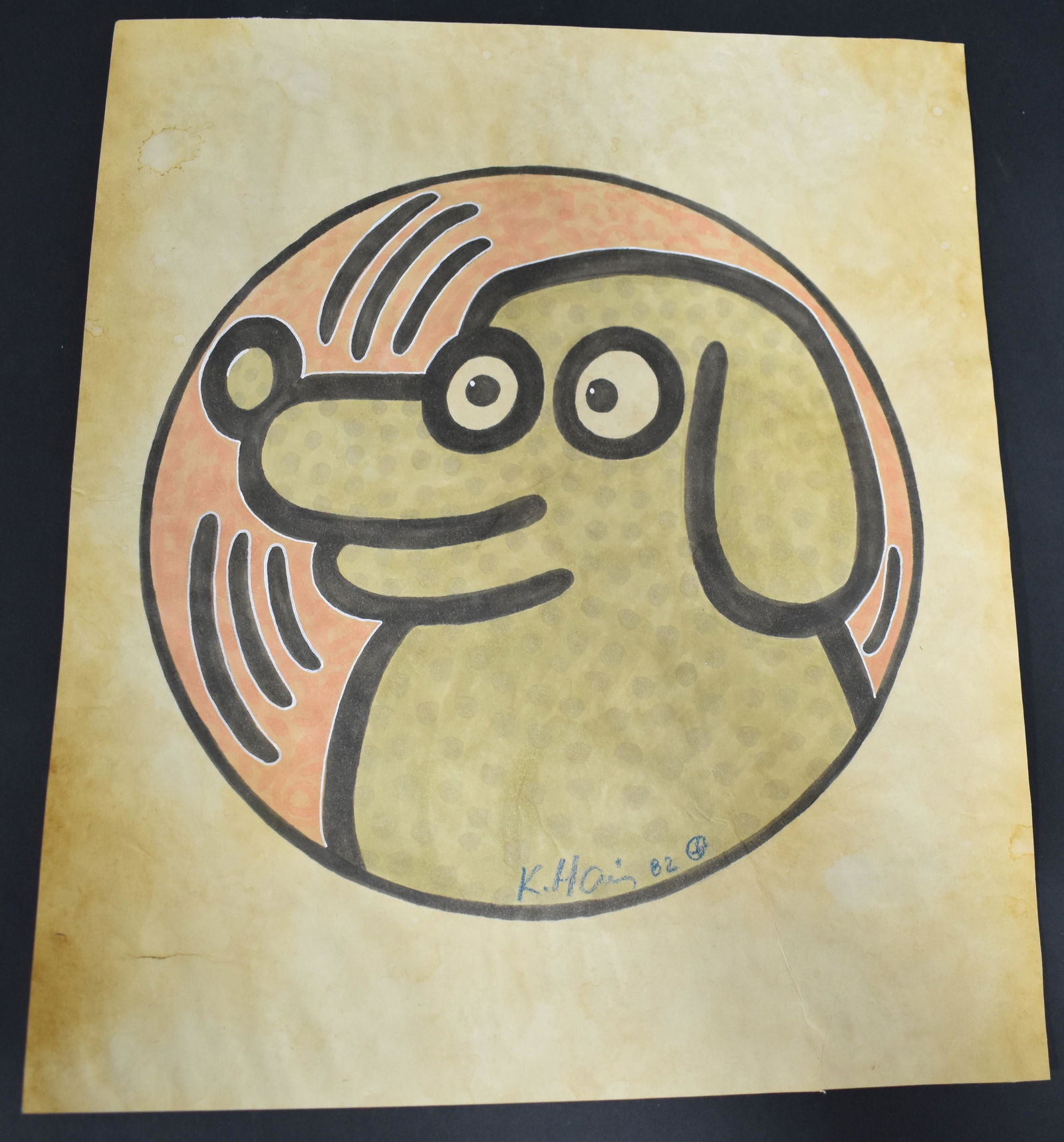 Keih Haring 1982 Ink Drawing Sgd.: Crawling baby stamp at the reverse with Keith Haring stamp beneath it . Sgd on the front